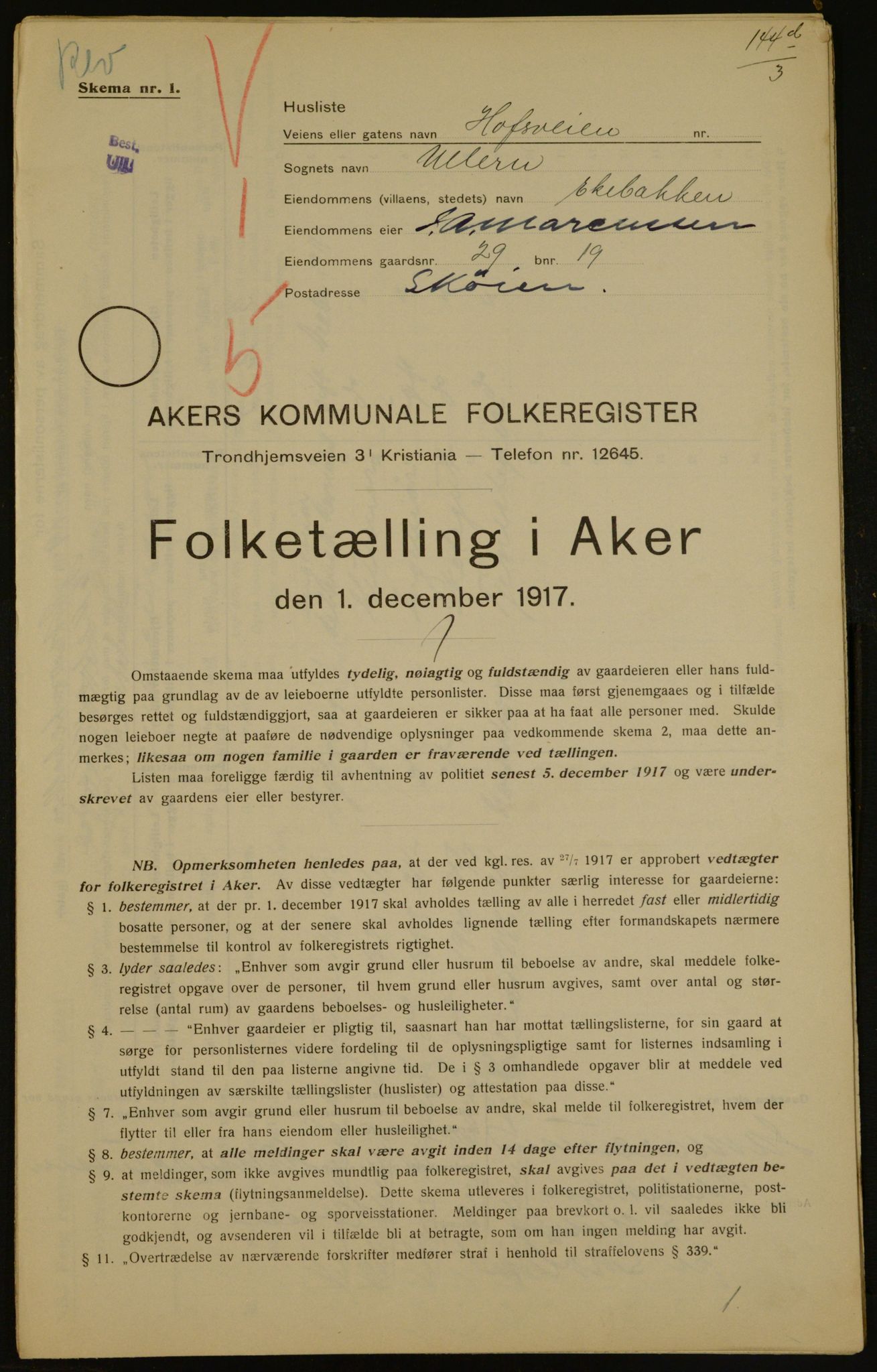 OBA, Municipal Census 1917 for Aker, 1917, p. 4307