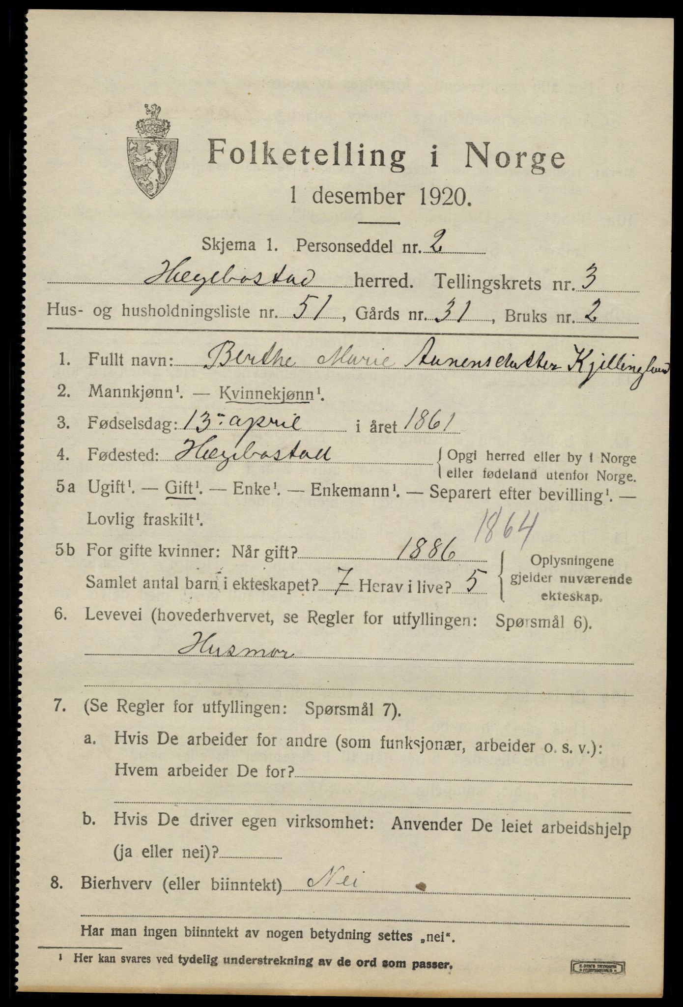 SAK, 1920 census for Hægebostad, 1920, p. 1551