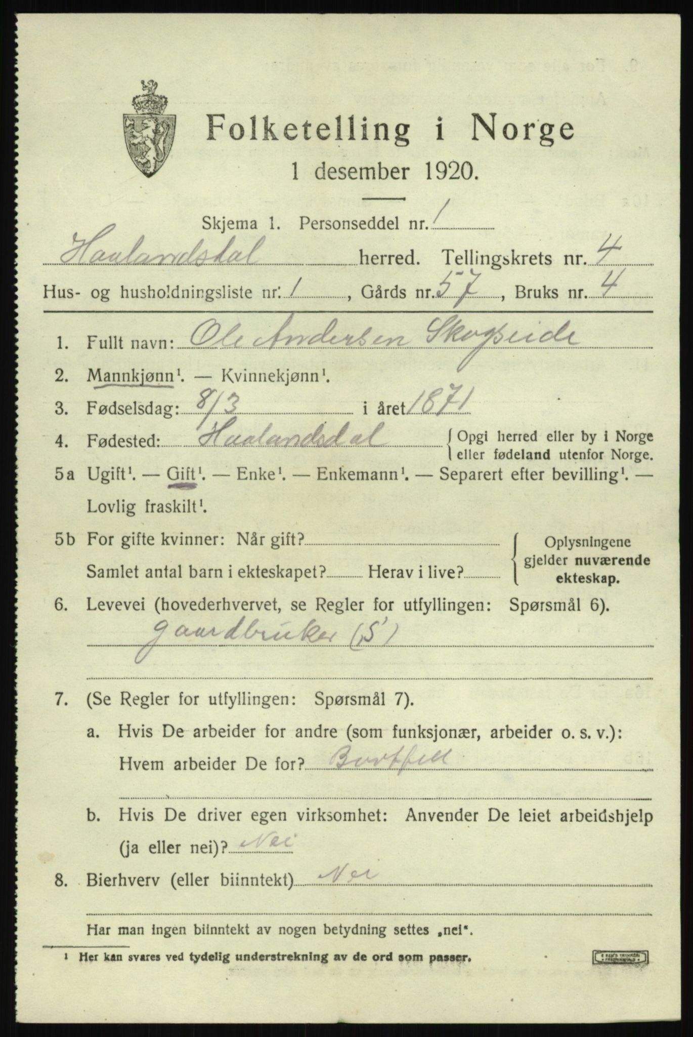 SAB, 1920 census for Hålandsdal, 1920, p. 828