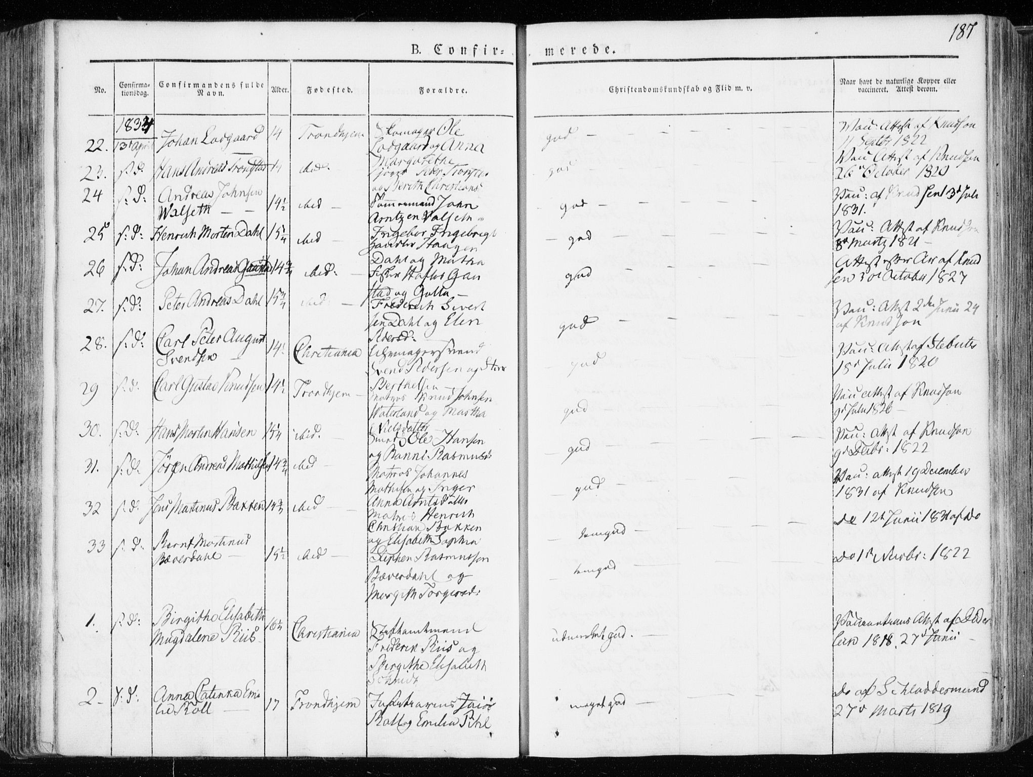 Ministerialprotokoller, klokkerbøker og fødselsregistre - Sør-Trøndelag, AV/SAT-A-1456/601/L0047: Parish register (official) no. 601A15, 1831-1839, p. 187