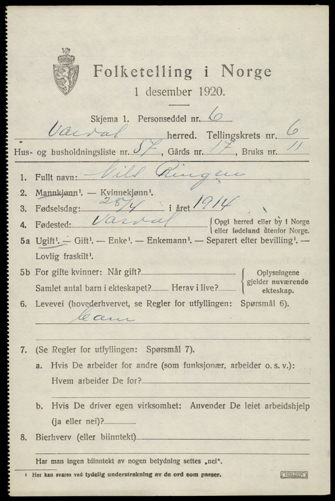 SAH, 1920 census for Vardal, 1920, p. 4537