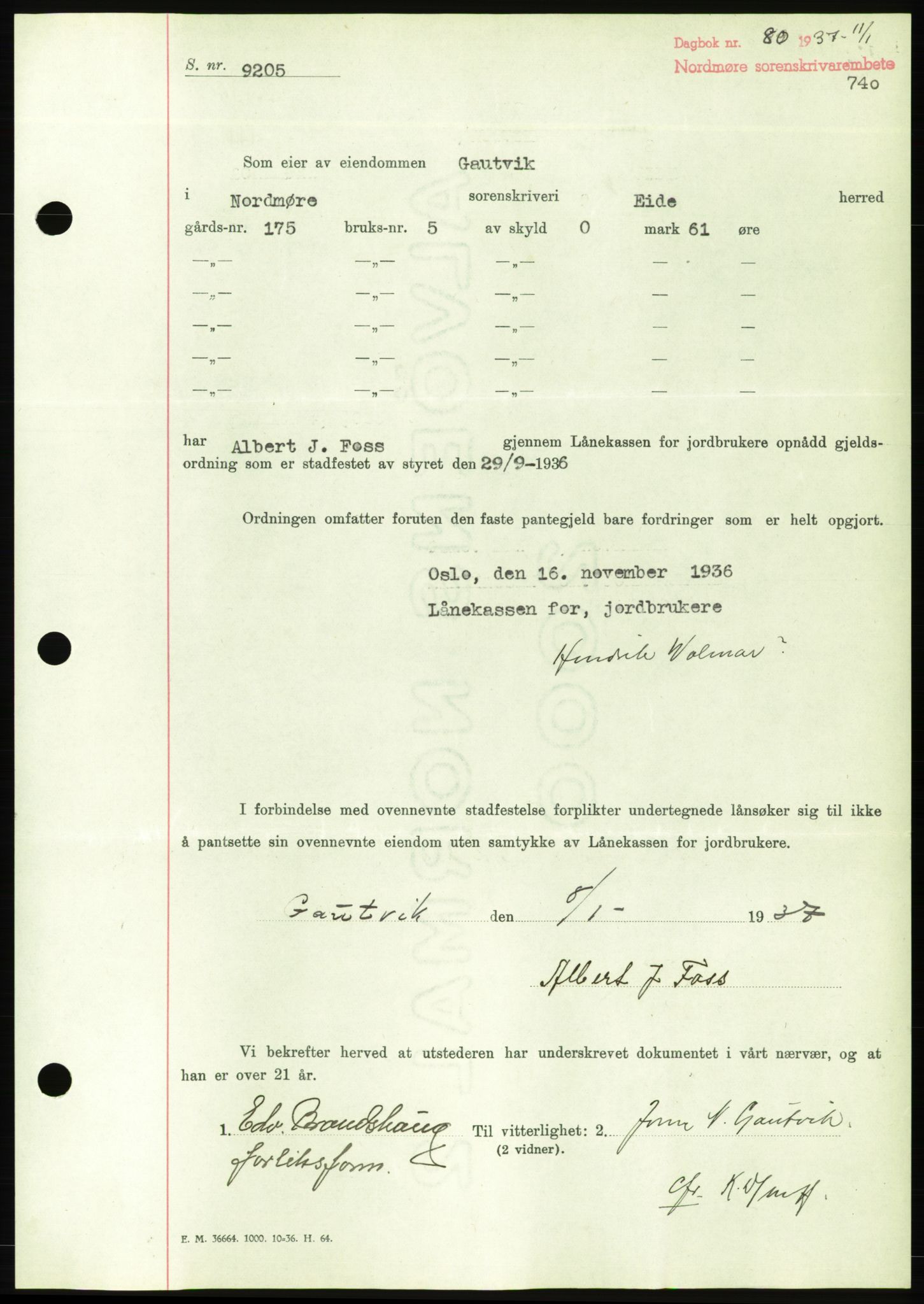 Nordmøre sorenskriveri, AV/SAT-A-4132/1/2/2Ca/L0090: Mortgage book no. B80, 1936-1937, Diary no: : 80/1937