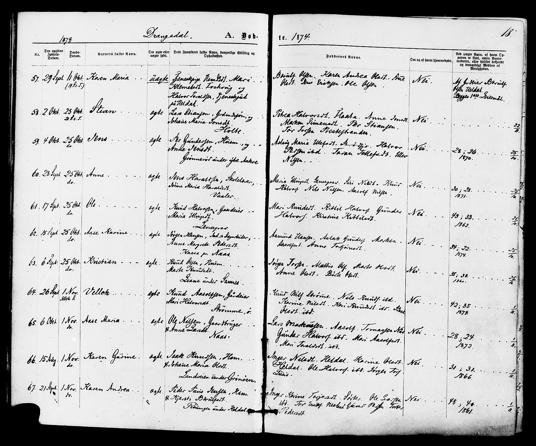 Drangedal kirkebøker, SAKO/A-258/F/Fa/L0009: Parish register (official) no. 9 /1, 1872-1884, p. 18
