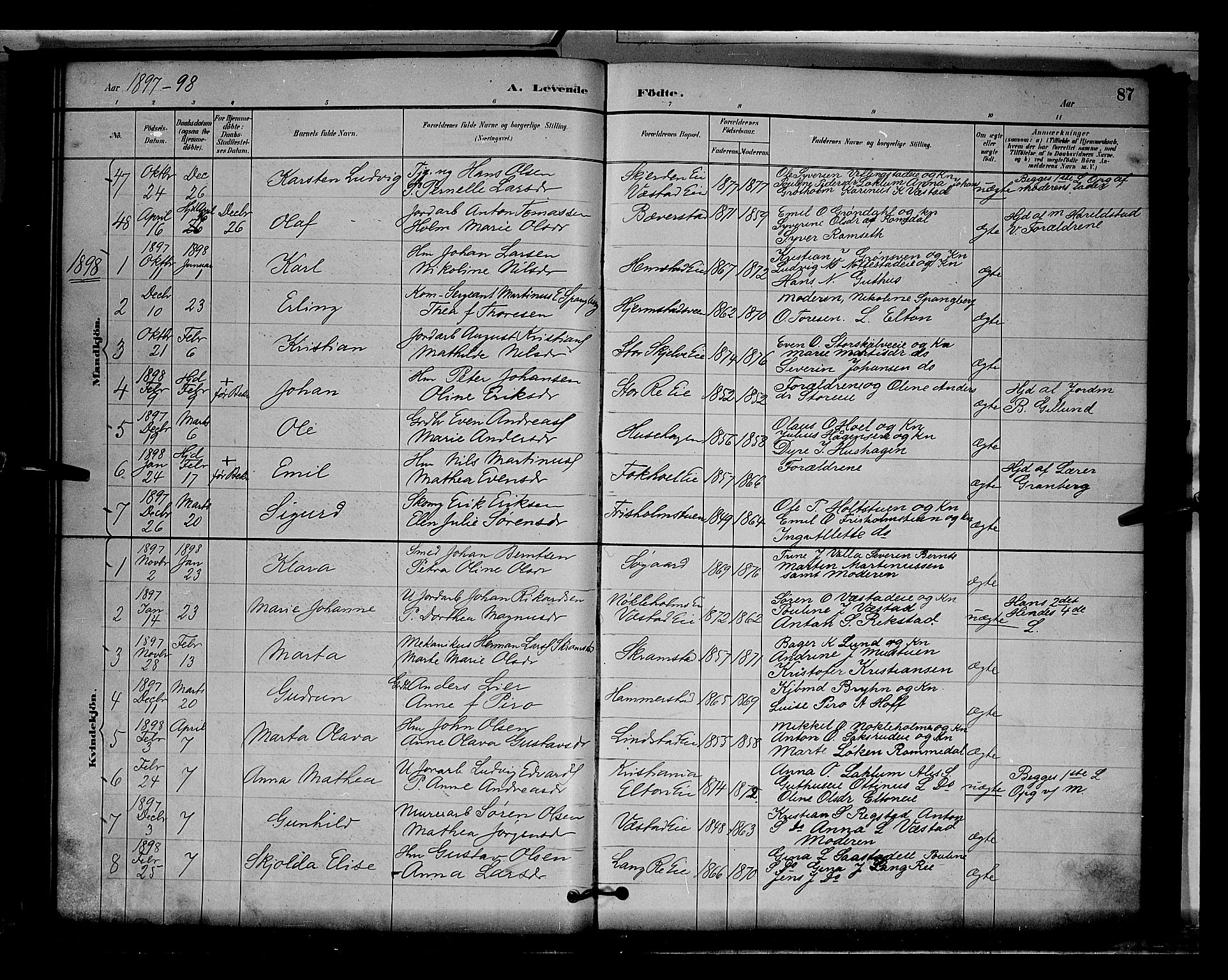 Stange prestekontor, AV/SAH-PREST-002/L/L0009: Parish register (copy) no. 9, 1883-1899, p. 87