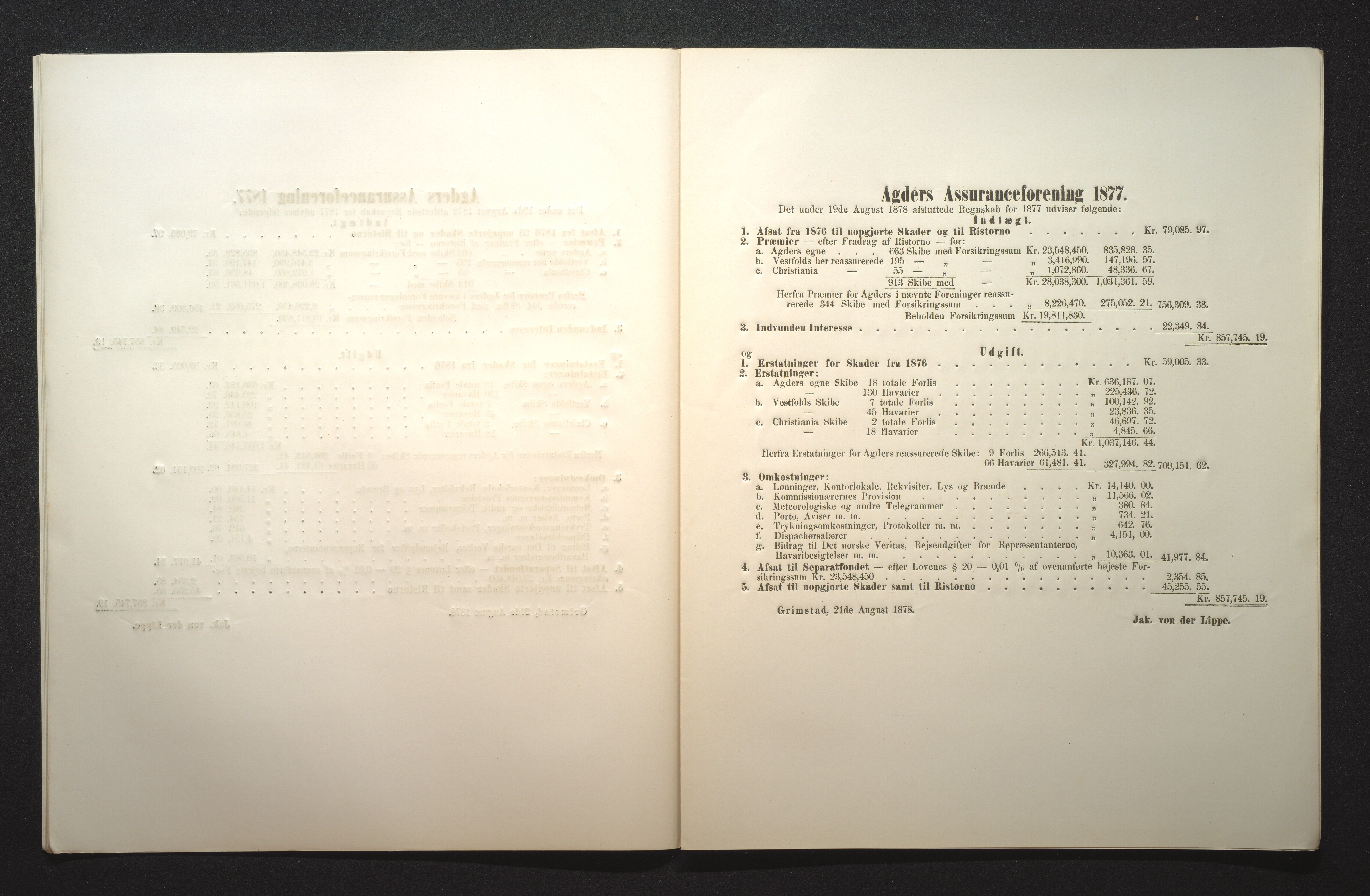 Agders Gjensidige Assuranceforening, AAKS/PA-1718/05/L0001: Regnskap, seilavdeling, pakkesak, 1855-1880