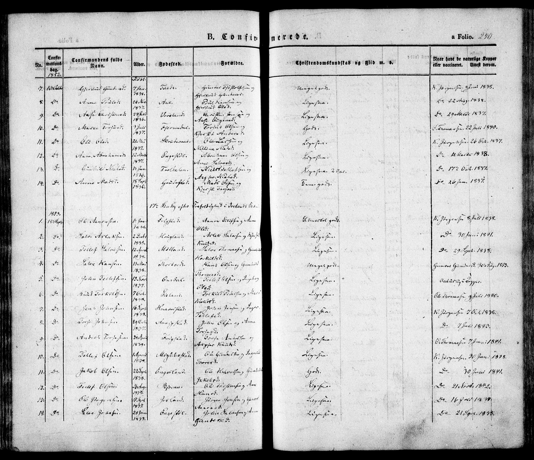 Evje sokneprestkontor, AV/SAK-1111-0008/F/Fa/Faa/L0005: Parish register (official) no. A 5, 1843-1865, p. 240