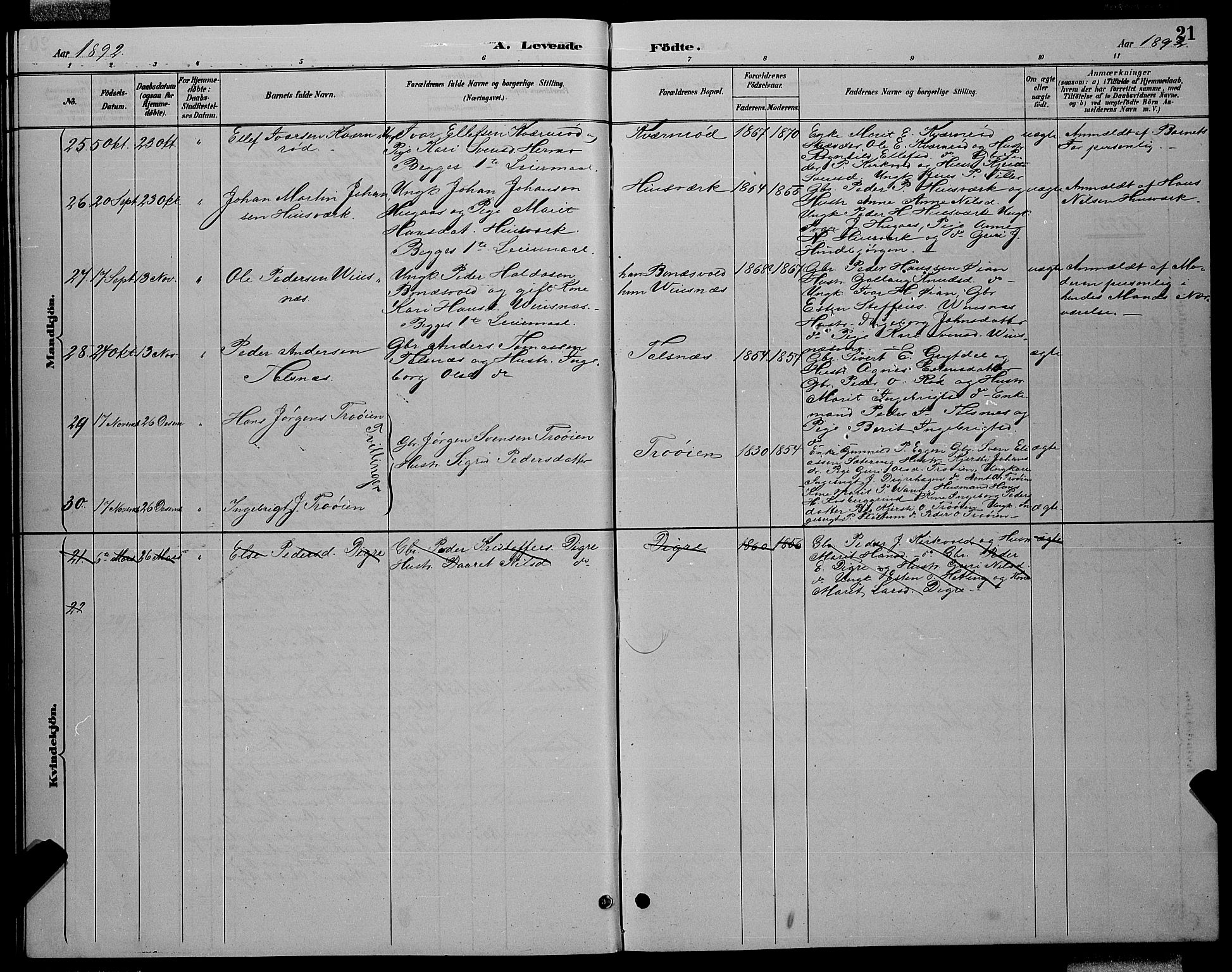 Ministerialprotokoller, klokkerbøker og fødselsregistre - Sør-Trøndelag, AV/SAT-A-1456/688/L1028: Parish register (copy) no. 688C03, 1889-1899, p. 21