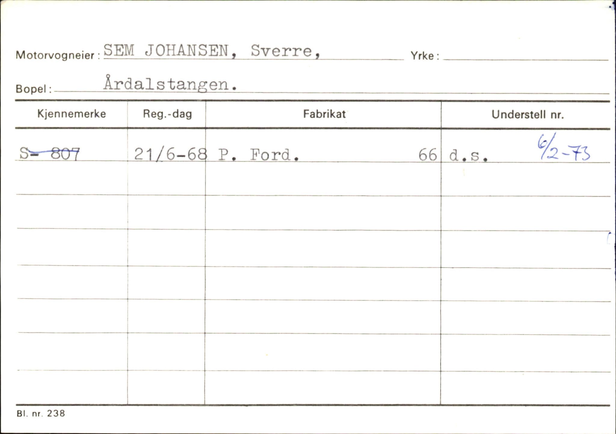 Statens vegvesen, Sogn og Fjordane vegkontor, SAB/A-5301/4/F/L0146: Registerkort Årdal R-Å samt diverse kort, 1945-1975, p. 278