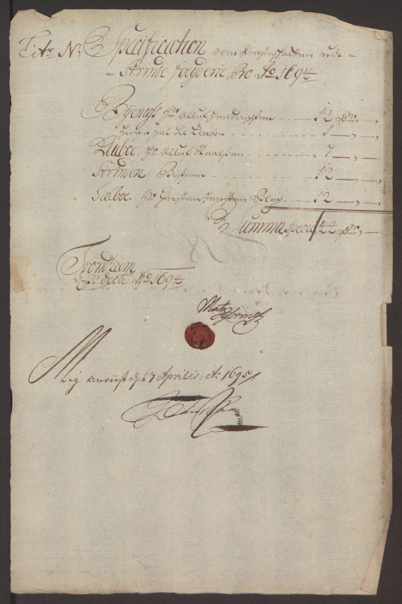 Rentekammeret inntil 1814, Reviderte regnskaper, Fogderegnskap, RA/EA-4092/R61/L4104: Fogderegnskap Strinda og Selbu, 1693-1694, p. 281