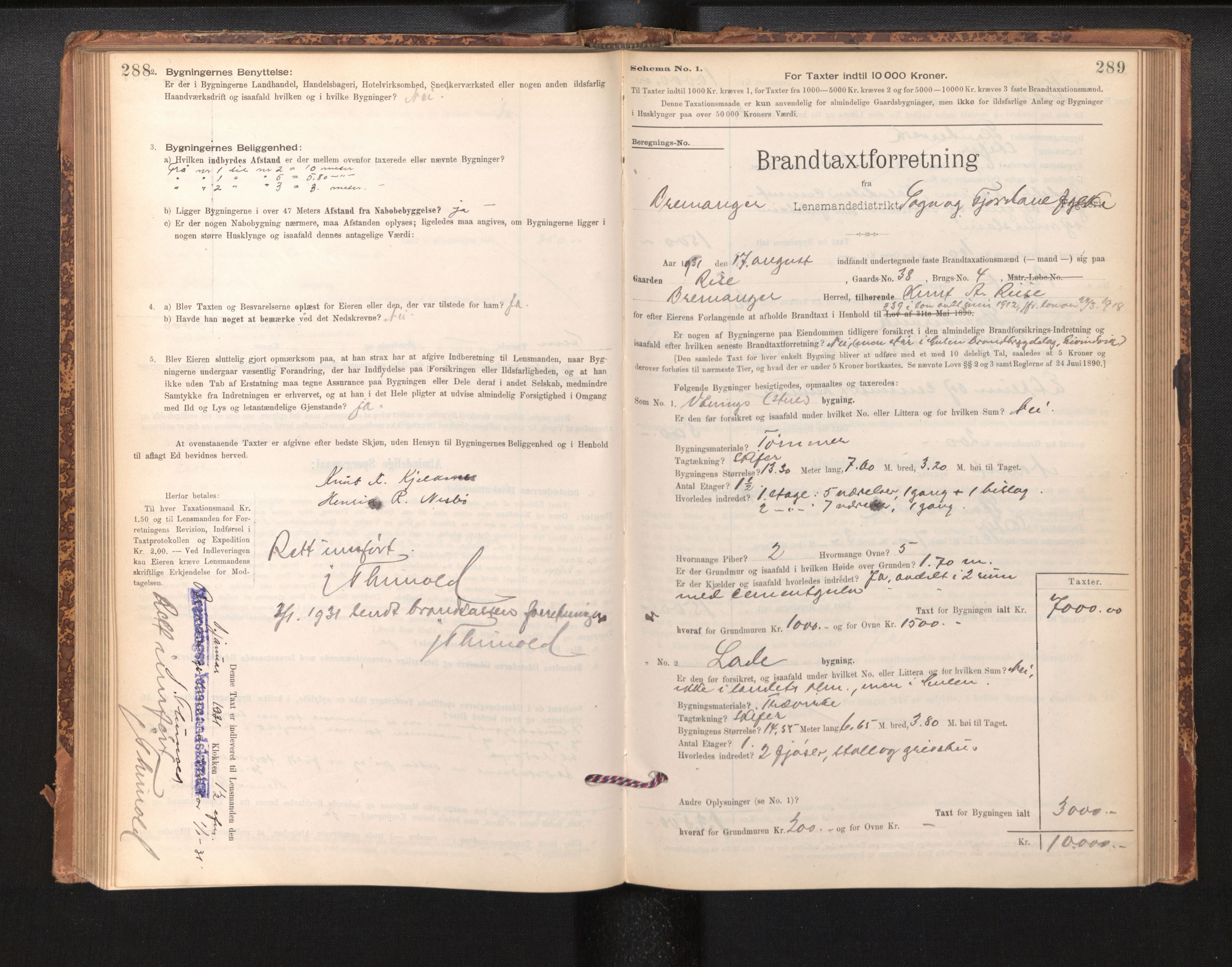 Lensmannen i Bremanger, SAB/A-26701/0012/L0007: Branntakstprotokoll, skjematakst, 1895-1936, p. 288-289