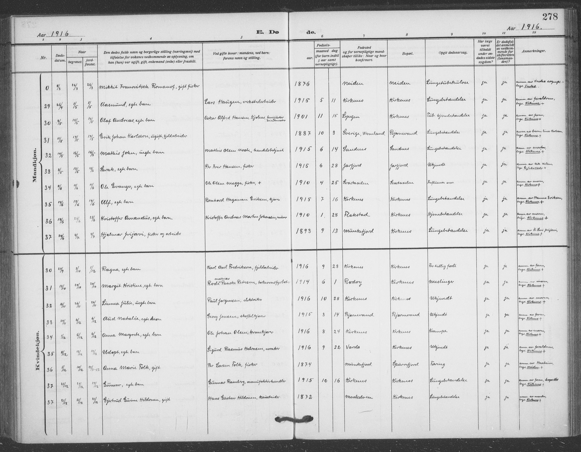 Sør-Varanger sokneprestkontor, AV/SATØ-S-1331/H/Ha/L0005kirke: Parish register (official) no. 5, 1909-1919, p. 278