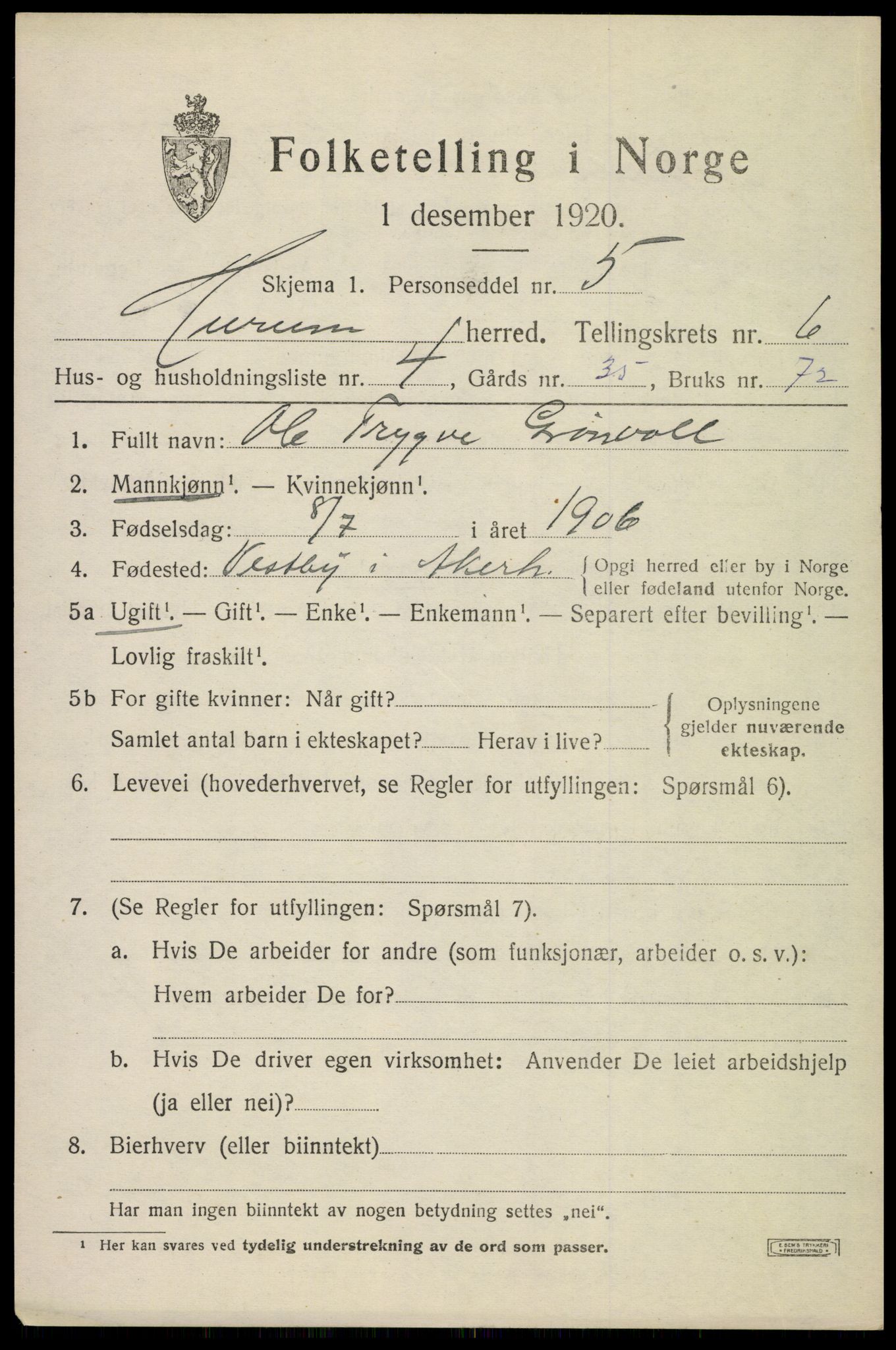 SAKO, 1920 census for Hurum, 1920, p. 7124