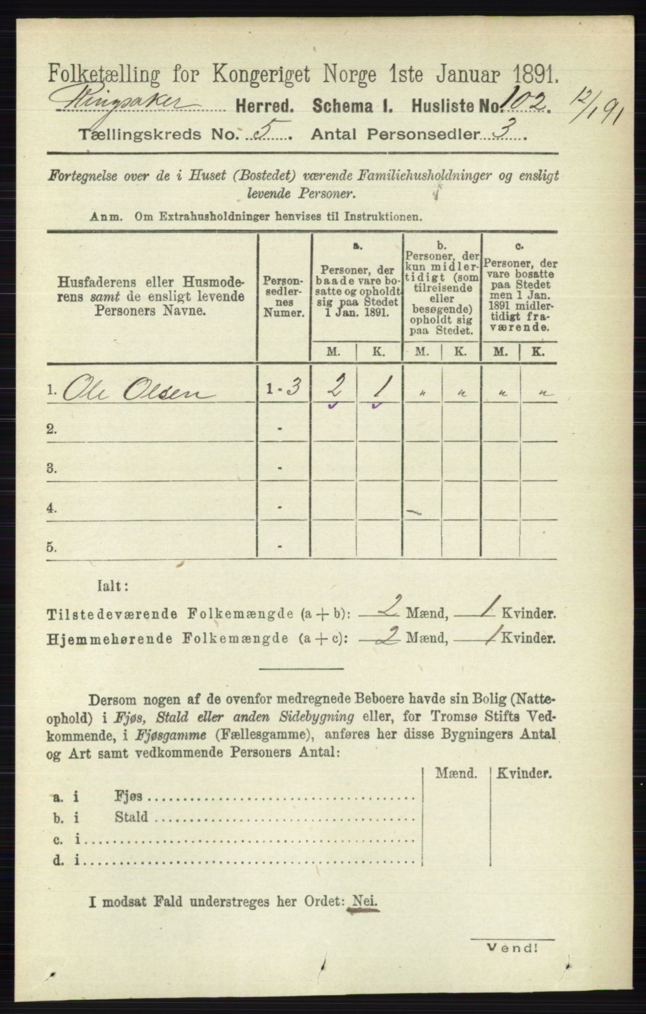 RA, 1891 census for 0412 Ringsaker, 1891, p. 2397