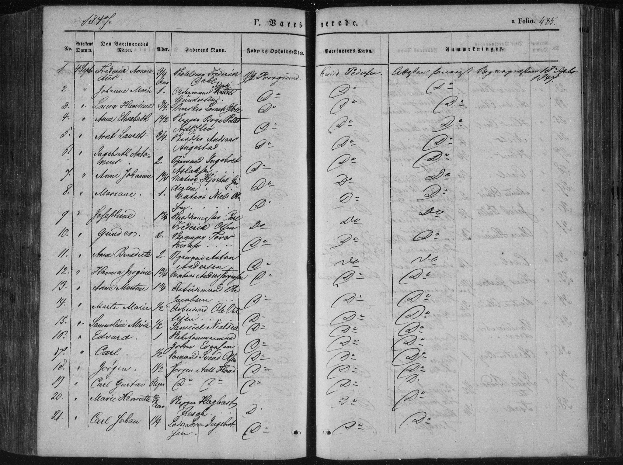 Porsgrunn kirkebøker , SAKO/A-104/F/Fa/L0006: Parish register (official) no. 6, 1841-1857, p. 485