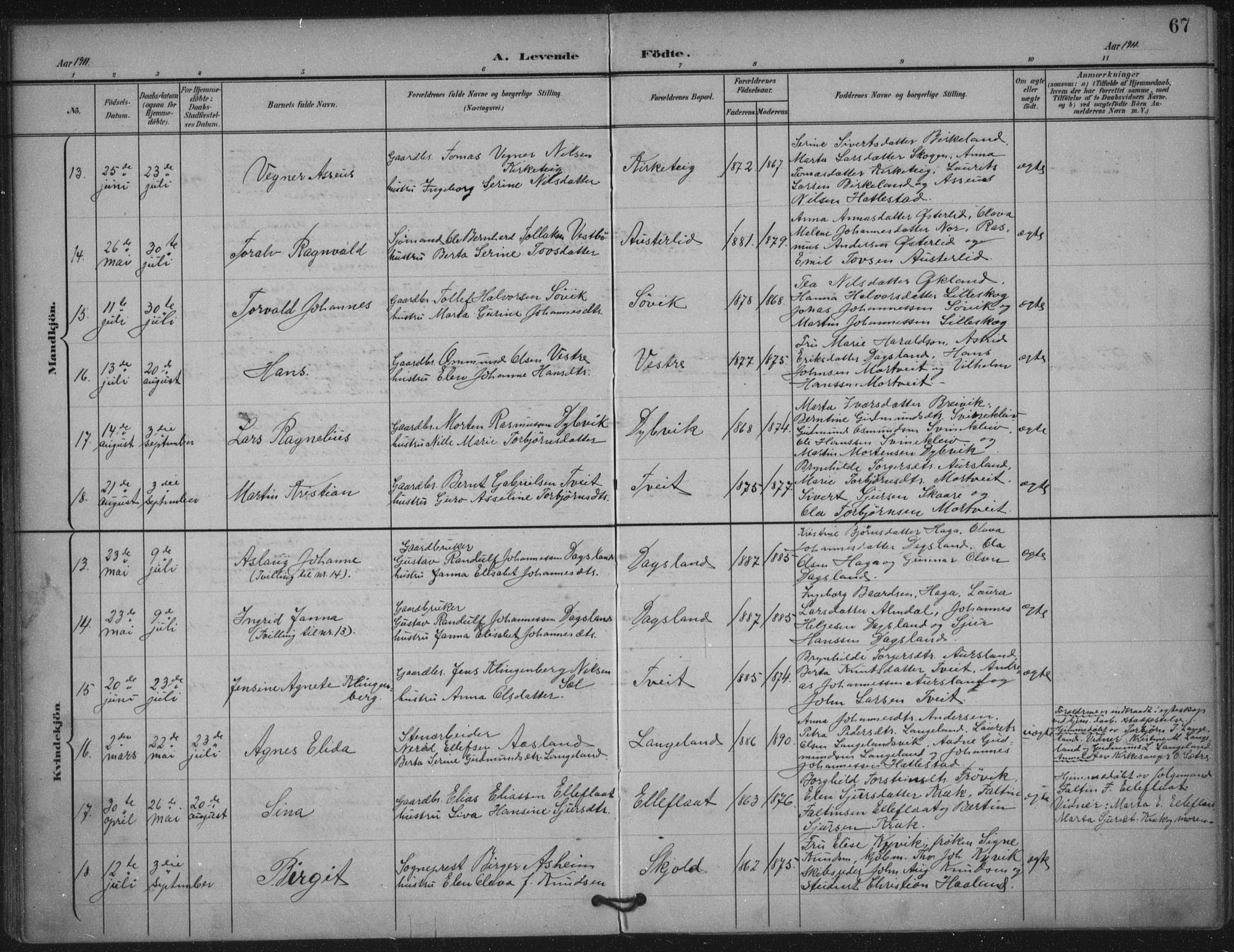 Skjold sokneprestkontor, AV/SAST-A-101847/H/Ha/Haa/L0011: Parish register (official) no. A 11, 1897-1914, p. 67