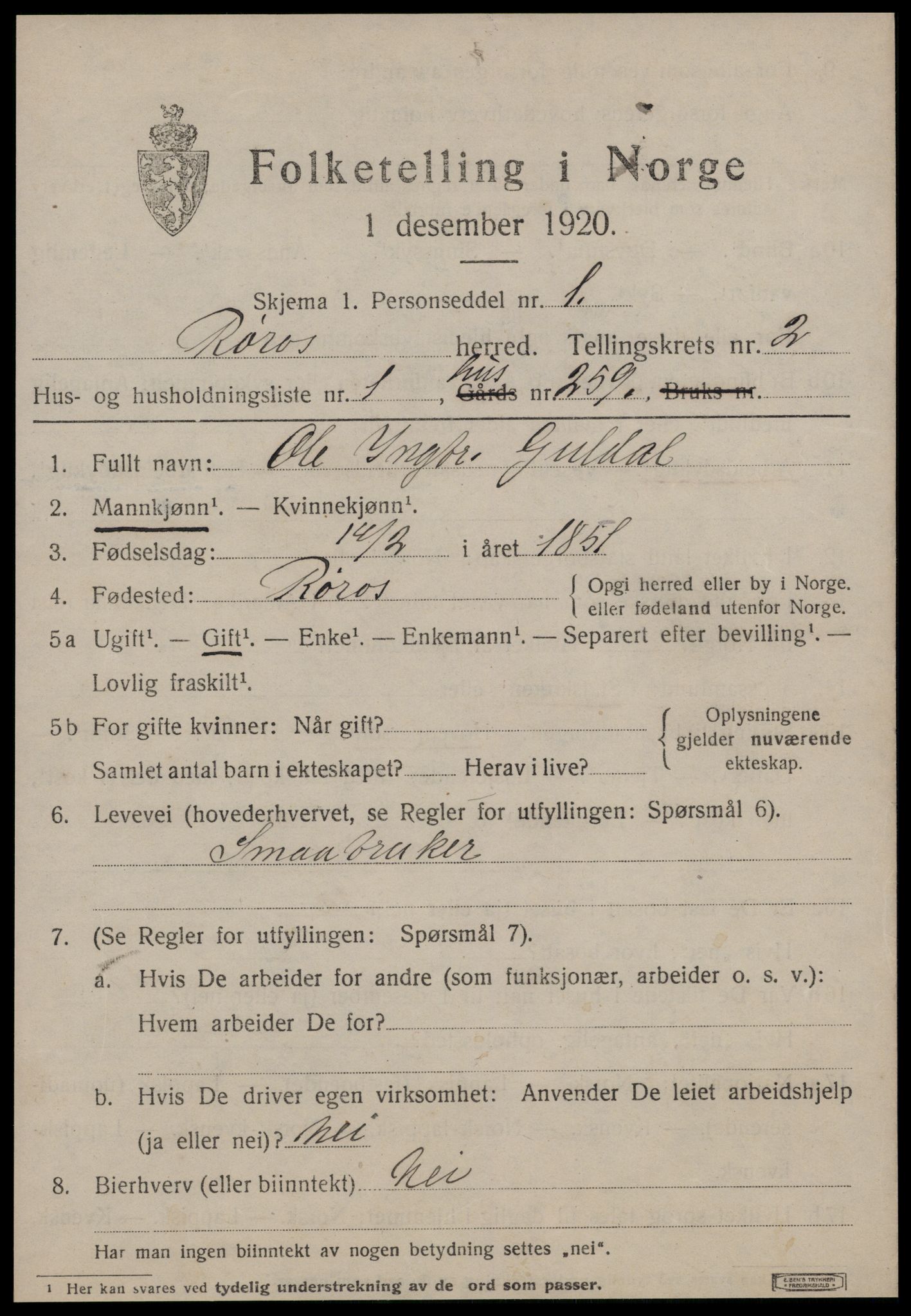 SAT, 1920 census for Røros, 1920, p. 2744