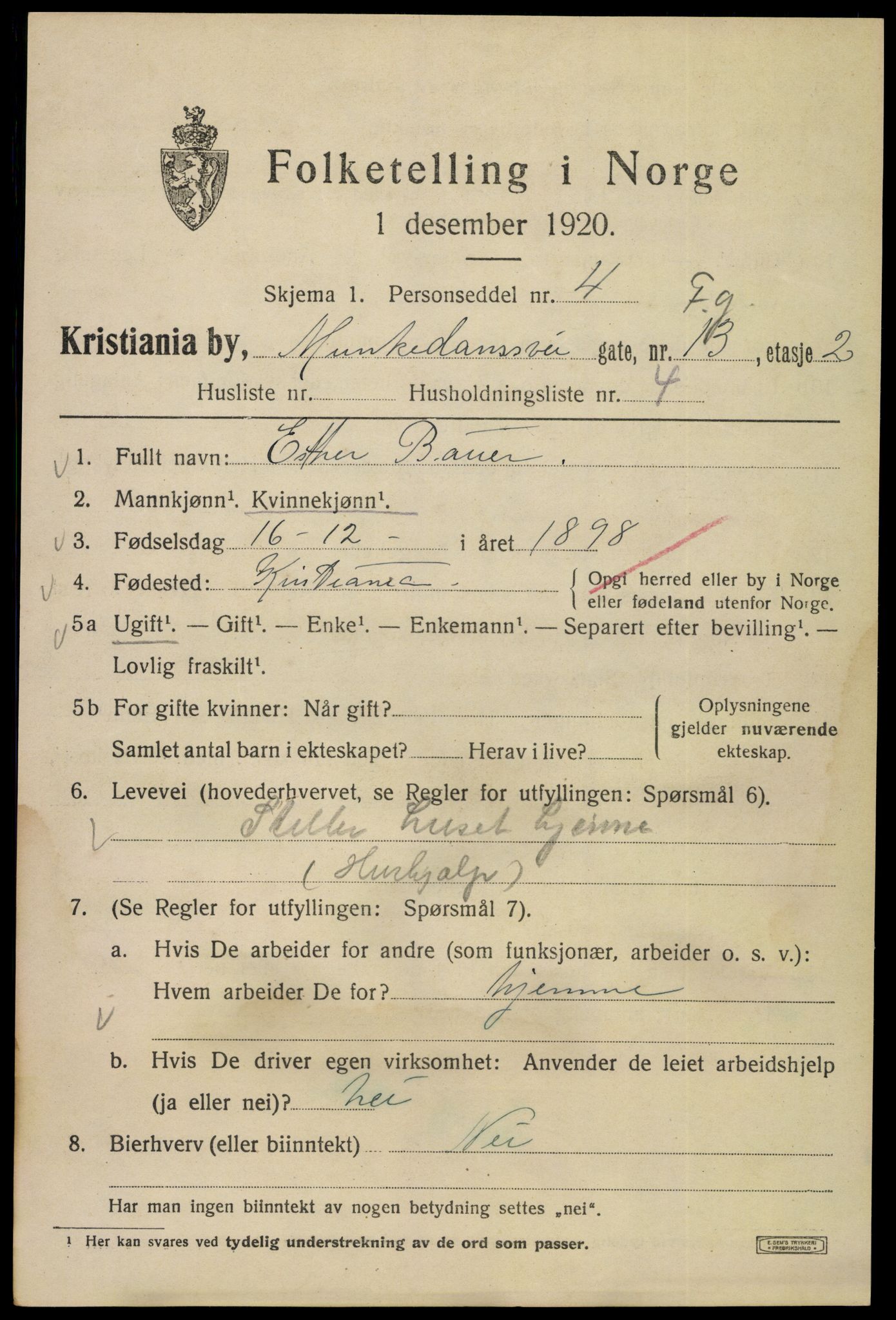 SAO, 1920 census for Kristiania, 1920, p. 400613