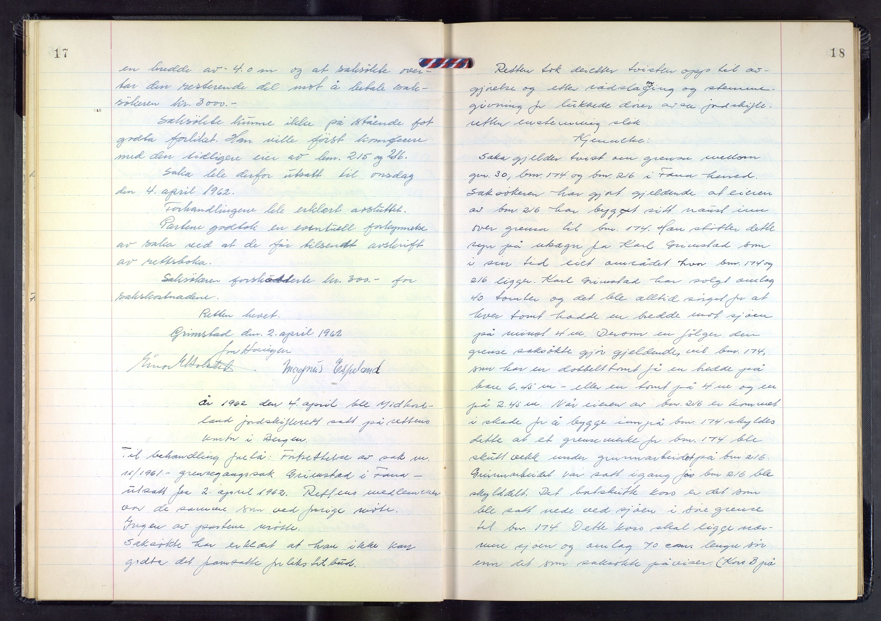 Hordaland jordskiftedøme - III Midhordland jordskiftedistrikt, AV/SAB-A-7001/A/Aa/L0034: Forhandlingsprotokoll, 1961-1967, p. 17-18