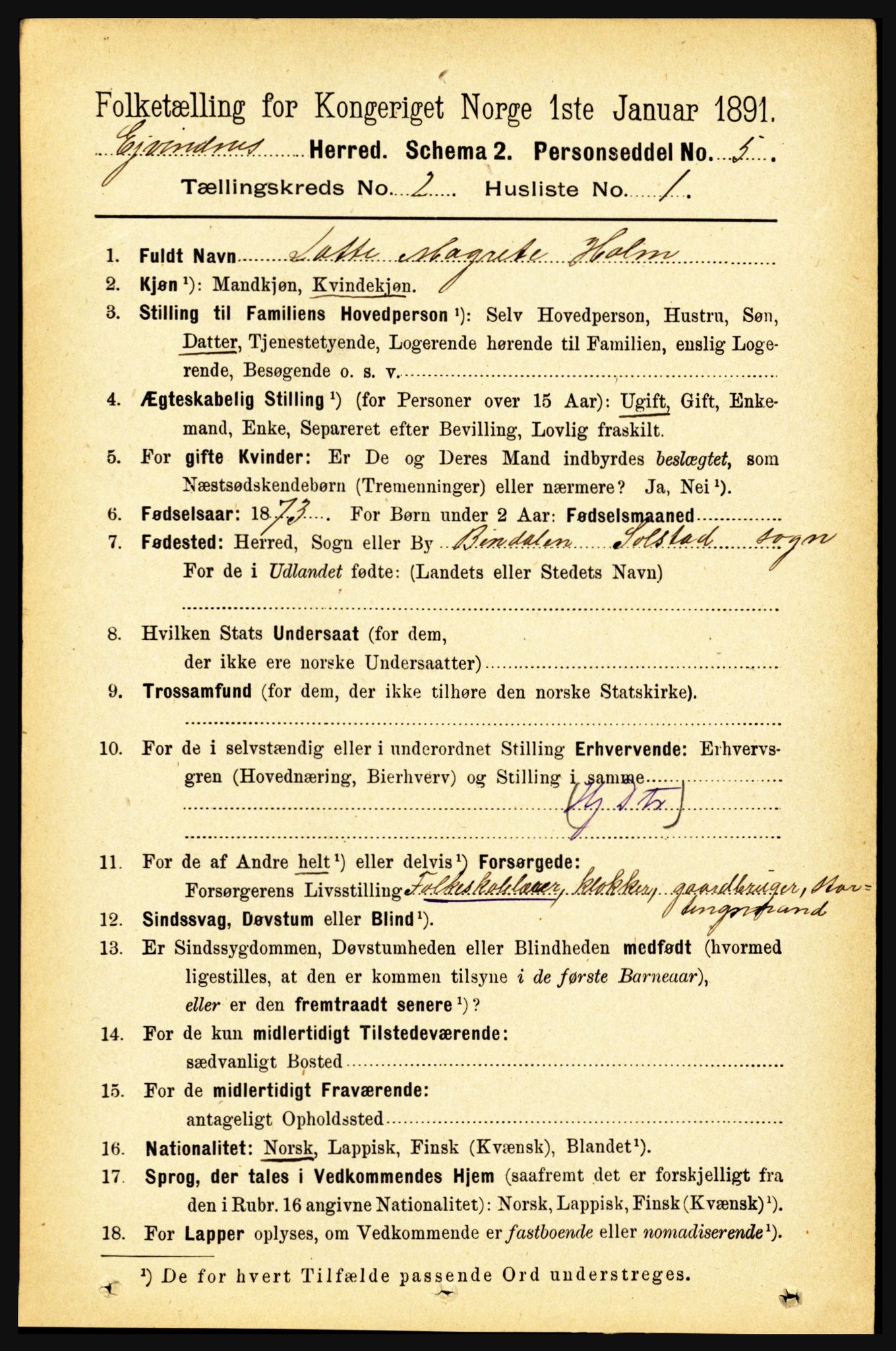 RA, 1891 census for 1853 Evenes, 1891, p. 428