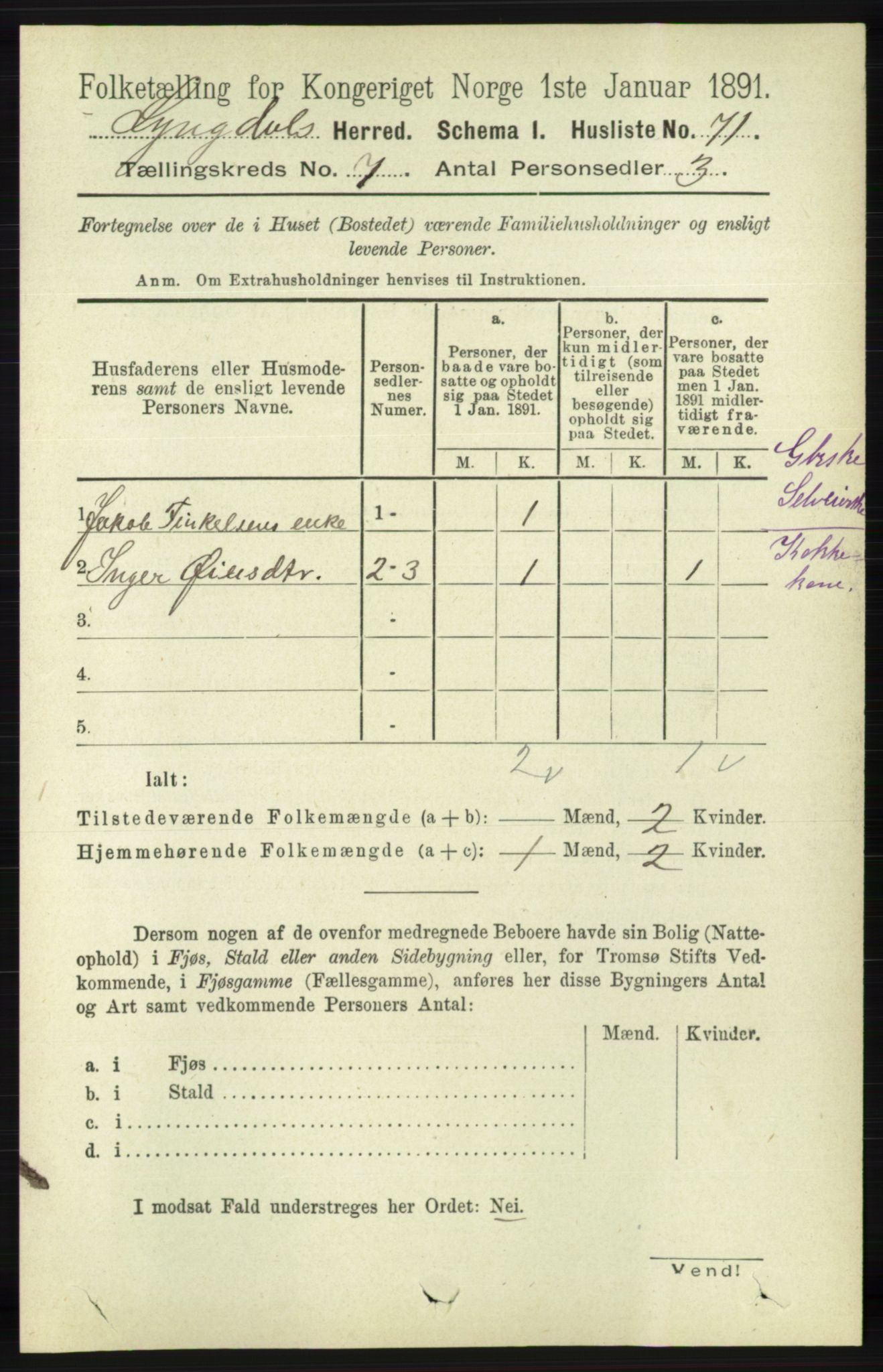 RA, 1891 census for 1032 Lyngdal, 1891, p. 2928