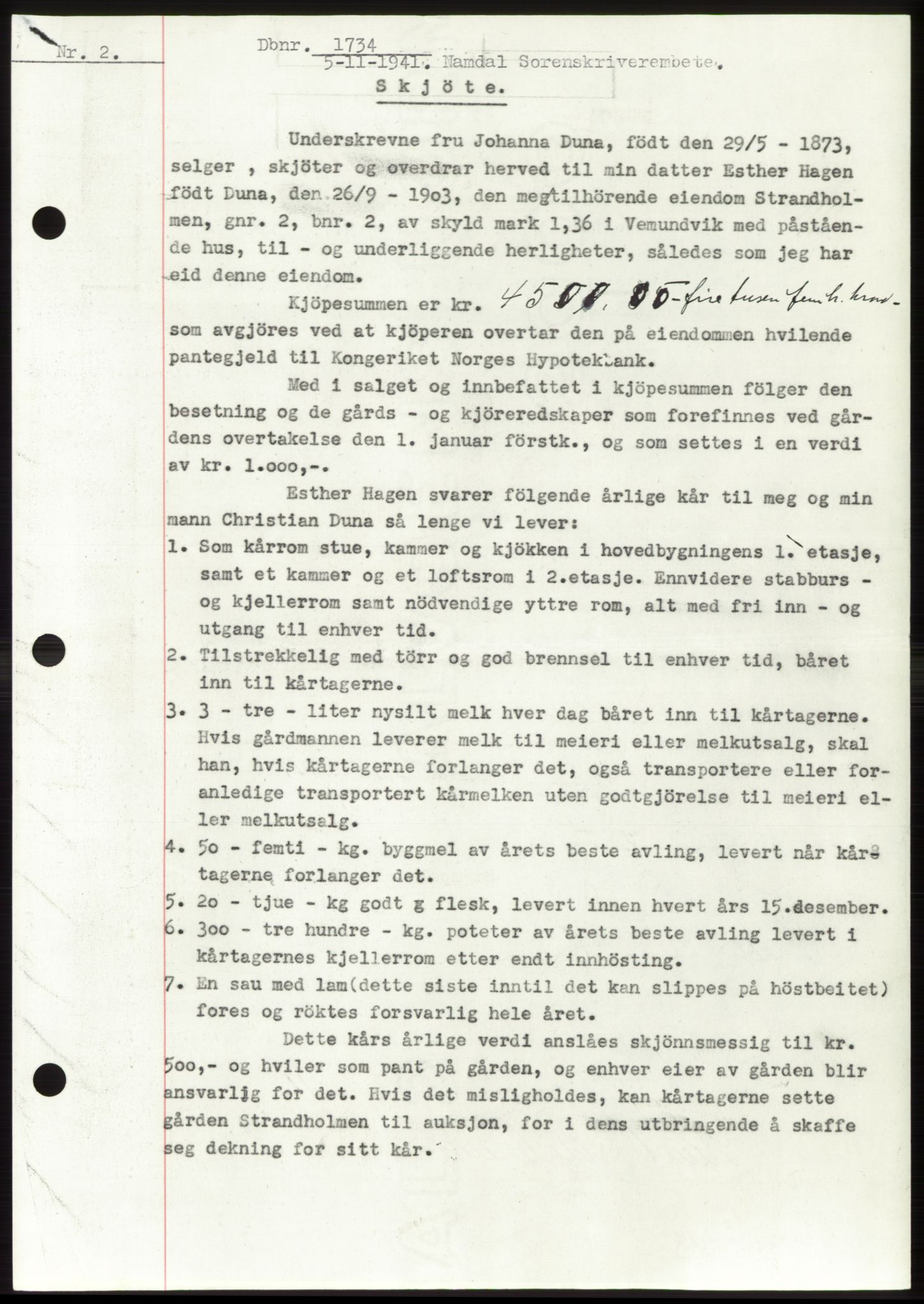 Namdal sorenskriveri, SAT/A-4133/1/2/2C: Mortgage book no. -, 1941-1942, Diary no: : 1734/1941
