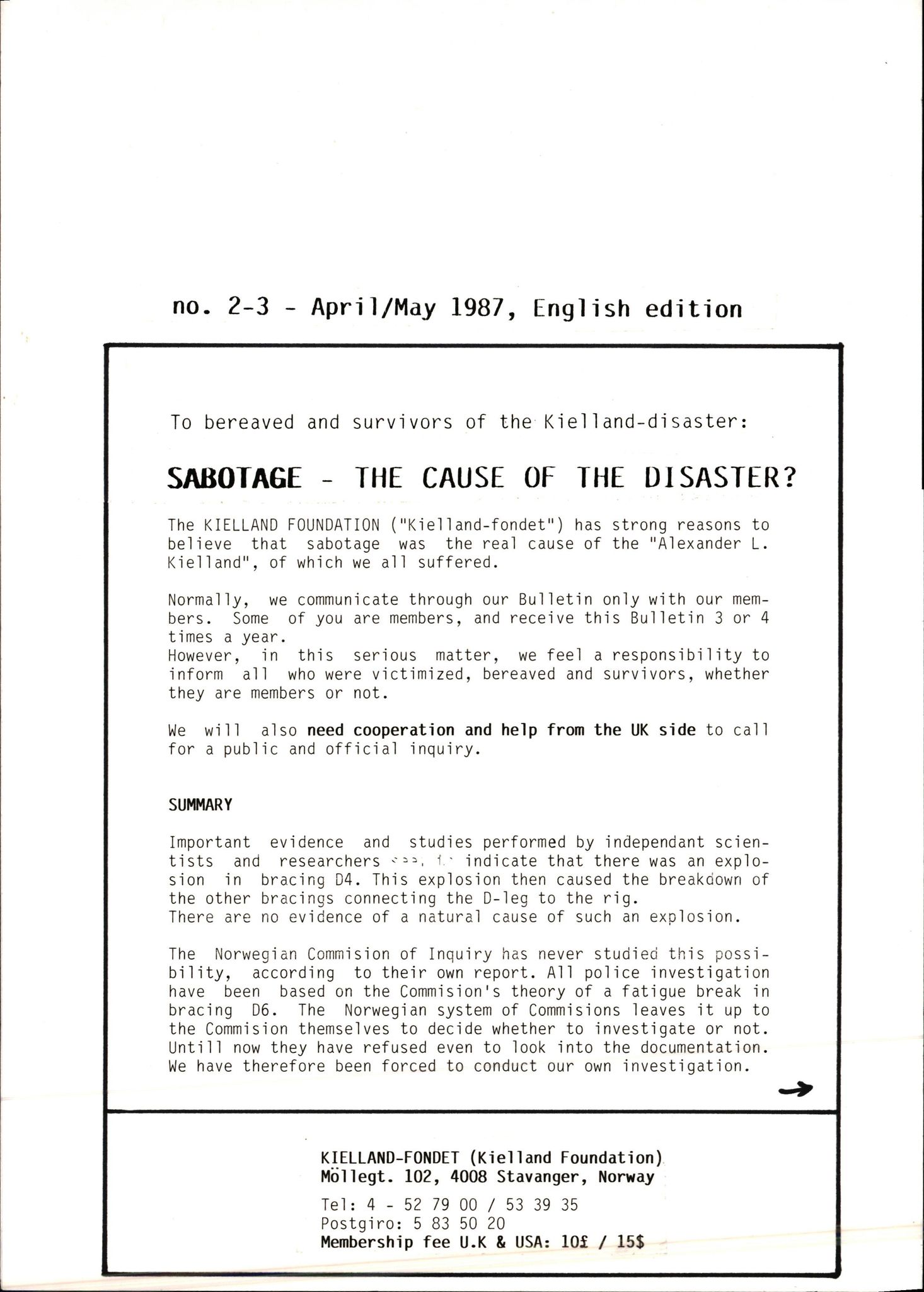 Pa 1660 - Kielland- fondet, AV/SAST-A-102242/X/Xa/L0001: Rapport til overlevende og etterlatte/ Kielland Bulletin, 1980-1998