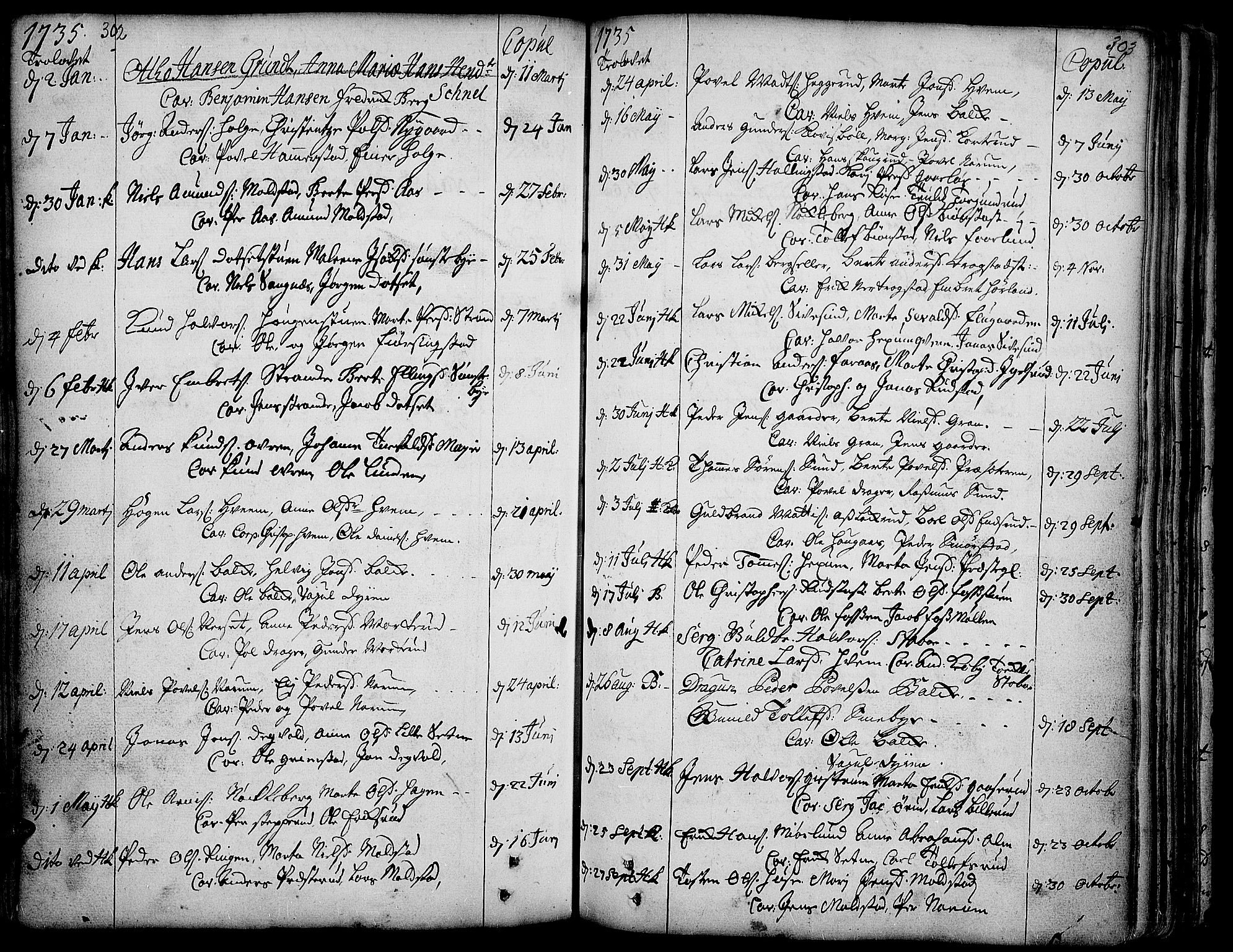 Toten prestekontor, SAH/PREST-102/H/Ha/Haa/L0003: Parish register (official) no. 3, 1734-1751, p. 302-303