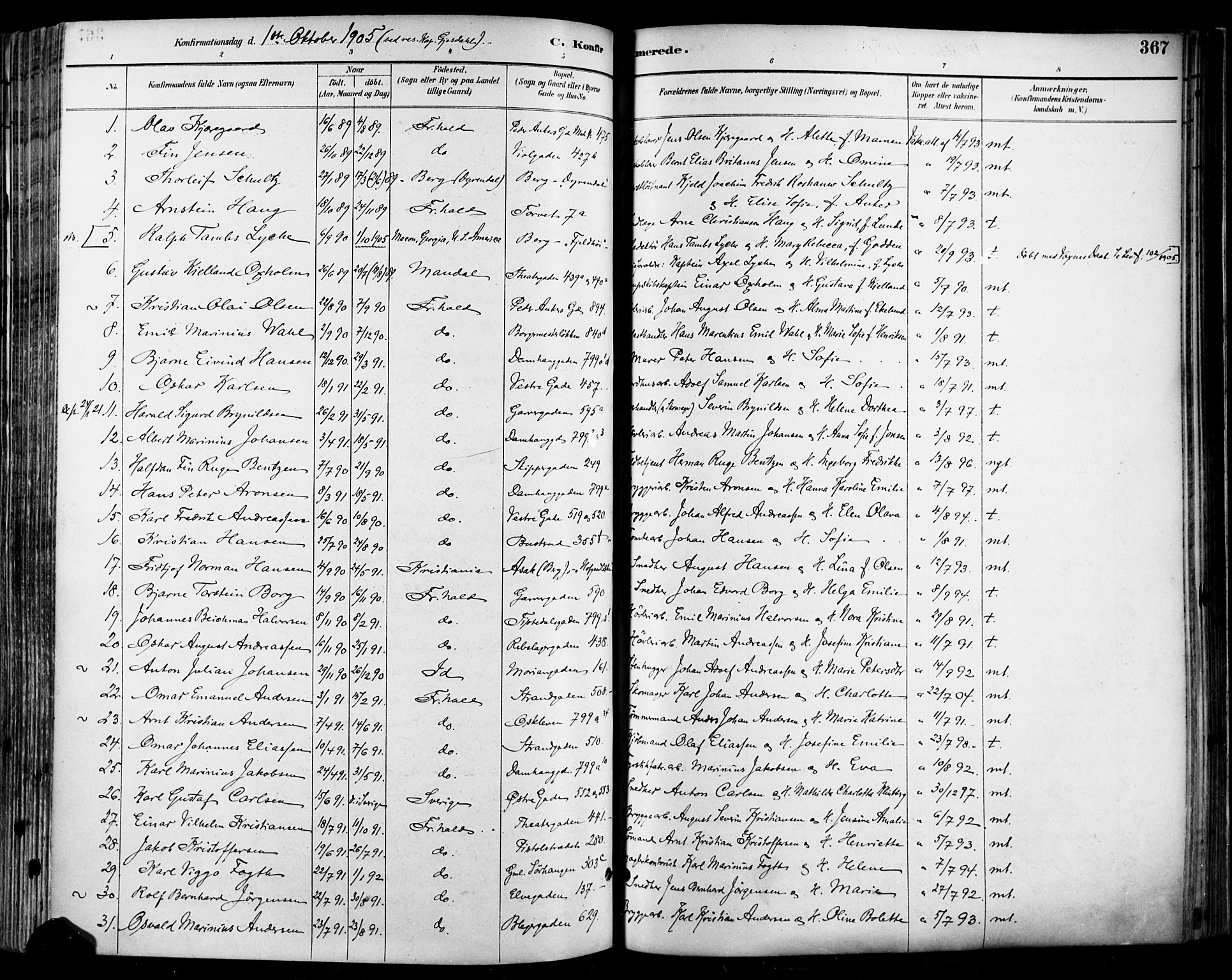 Halden prestekontor Kirkebøker, SAO/A-10909/F/Fa/L0013: Parish register (official) no. I 13, 1890-1906, p. 367