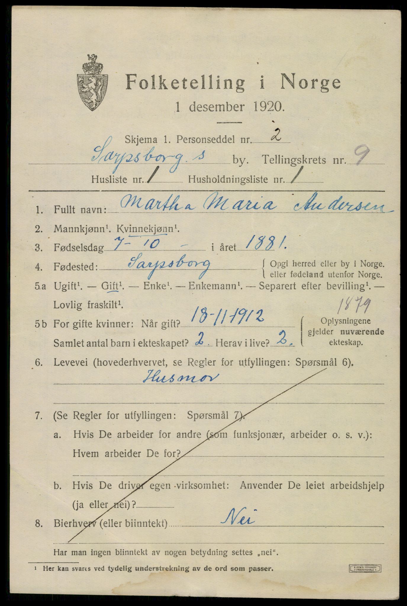 SAO, 1920 census for Sarpsborg, 1920, p. 18888