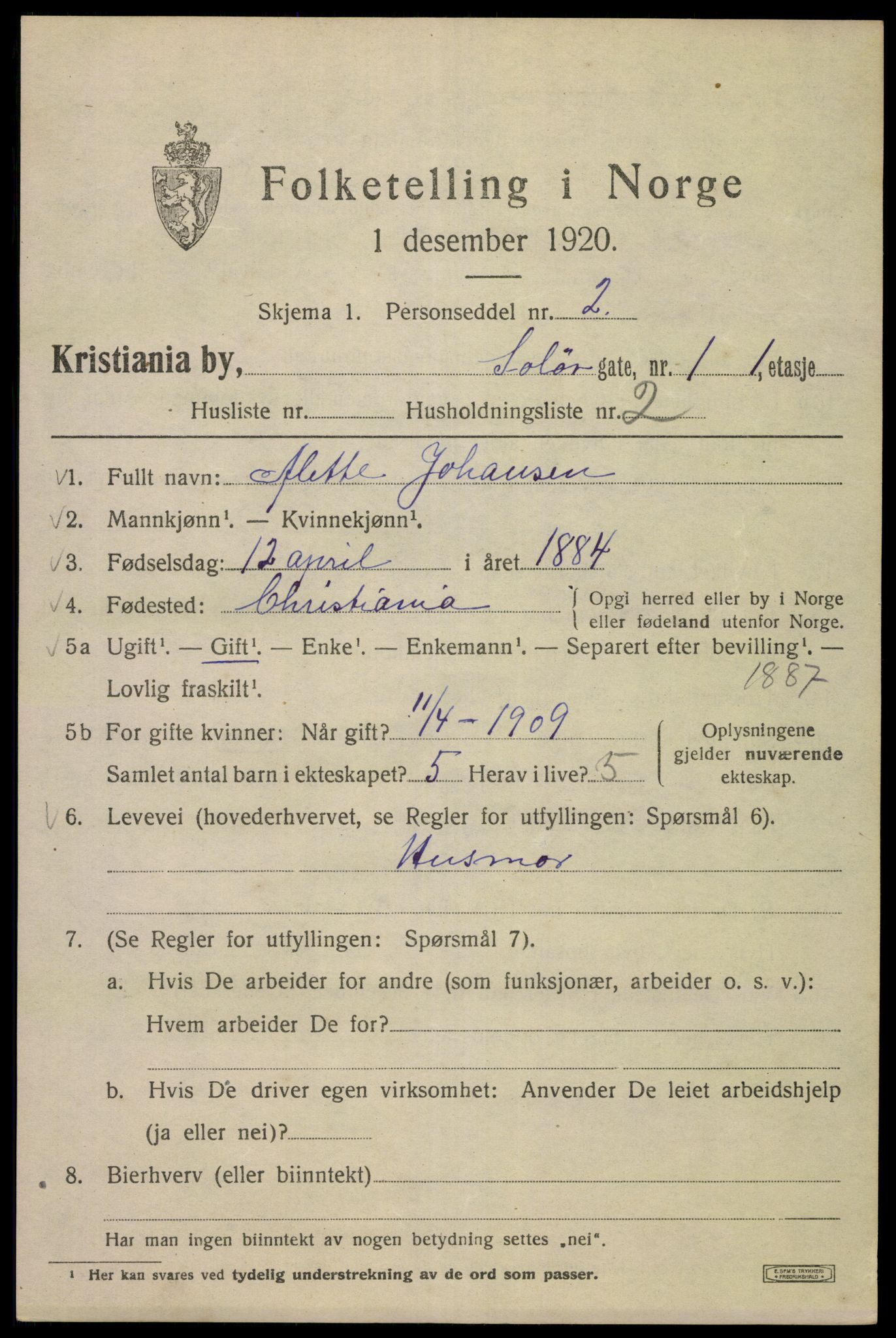 SAO, 1920 census for Kristiania, 1920, p. 528001