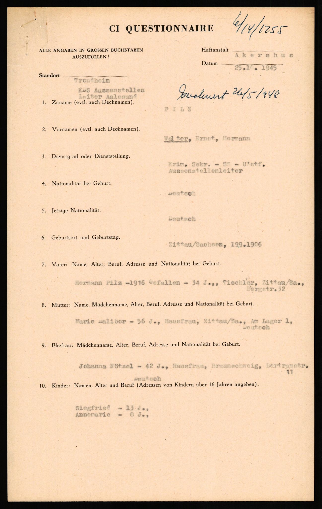 Forsvaret, Forsvarets overkommando II, AV/RA-RAFA-3915/D/Db/L0026: CI Questionaires. Tyske okkupasjonsstyrker i Norge. Tyskere., 1945-1946, p. 219