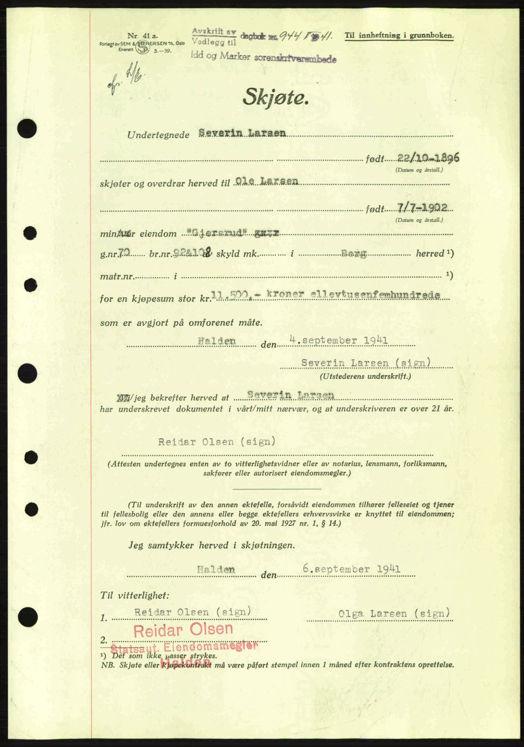 Idd og Marker sorenskriveri, AV/SAO-A-10283/G/Gb/Gbb/L0004: Mortgage book no. A4, 1940-1941, Diary no: : 944/1941