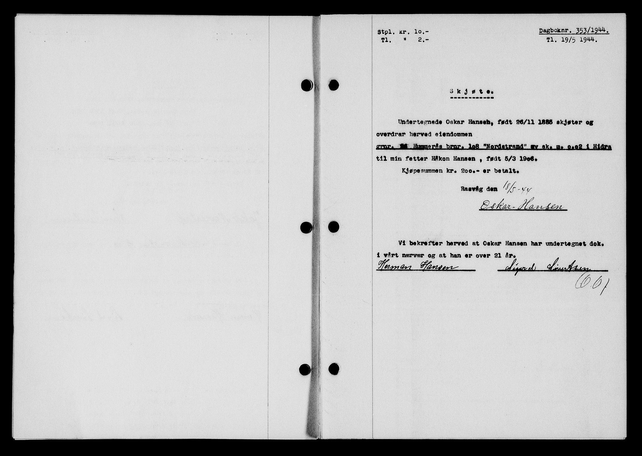 Flekkefjord sorenskriveri, SAK/1221-0001/G/Gb/Gba/L0059: Mortgage book no. A-7, 1944-1945, Diary no: : 353/1944