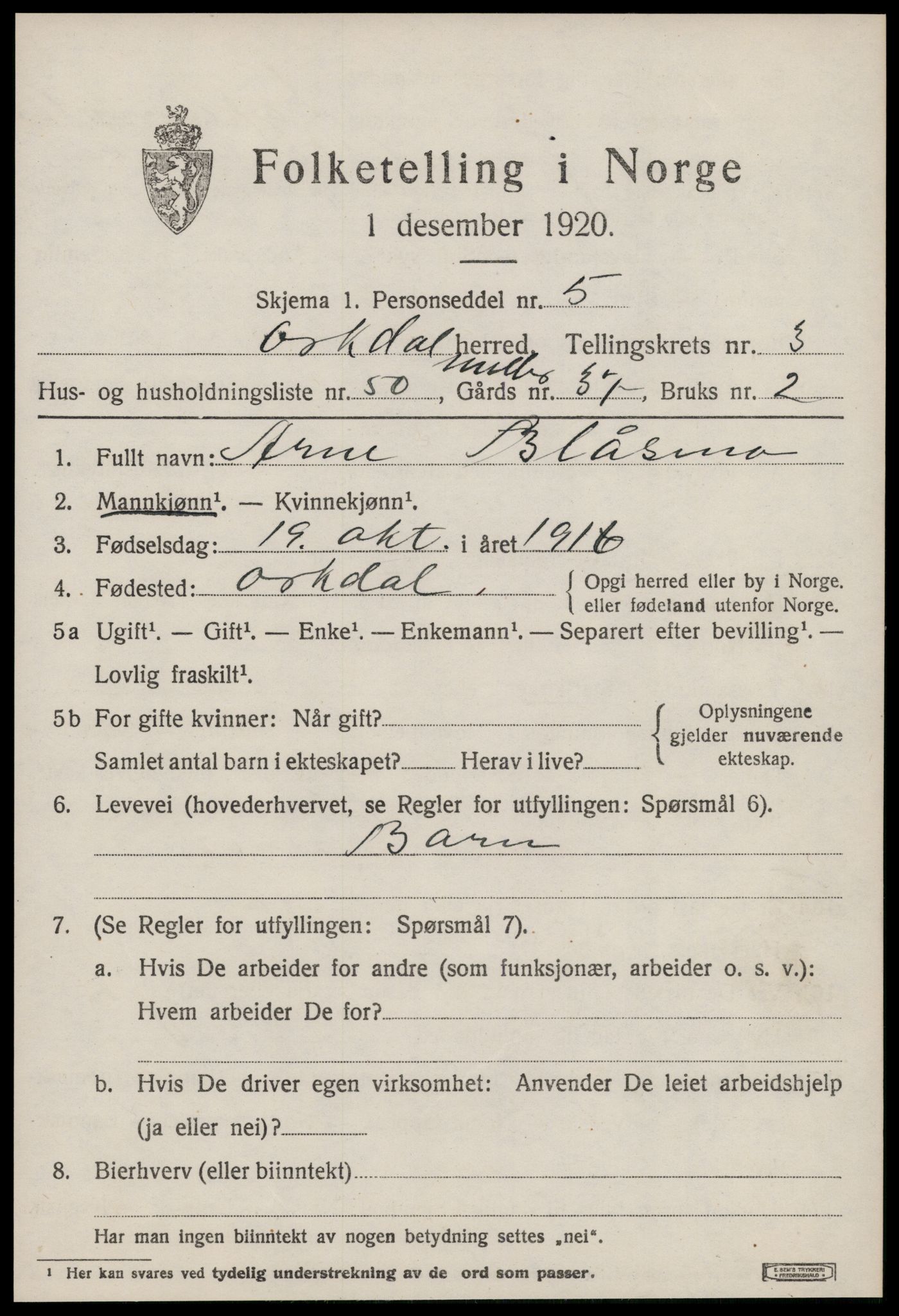 SAT, 1920 census for Orkdal, 1920, p. 3706
