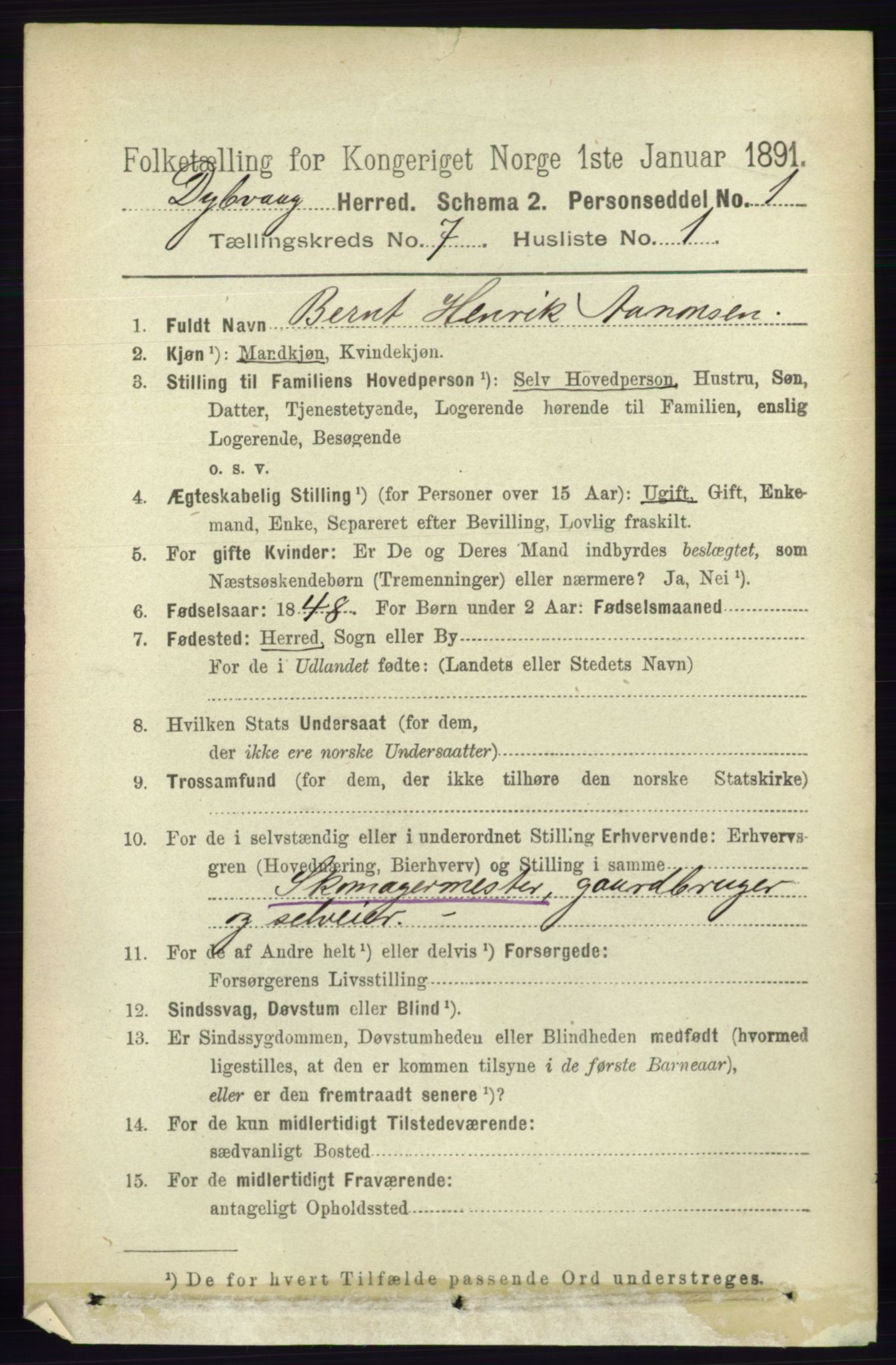 RA, 1891 census for 0915 Dypvåg, 1891, p. 2411