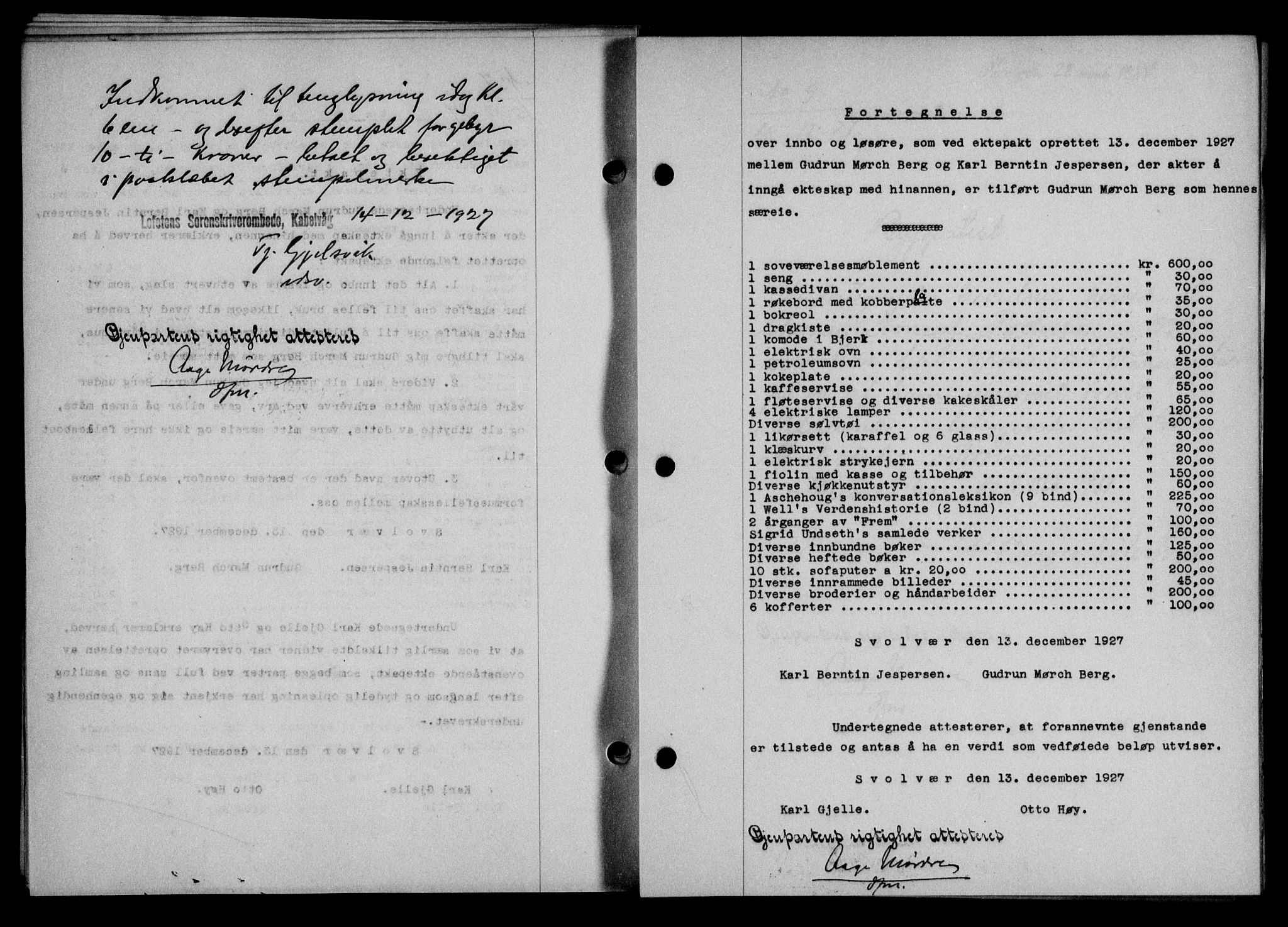 Lofoten sorenskriveri, AV/SAT-A-0017/1/2/2C/L0016b: Mortgage book no. 16b, 1927-1927, Deed date: 15.12.1927