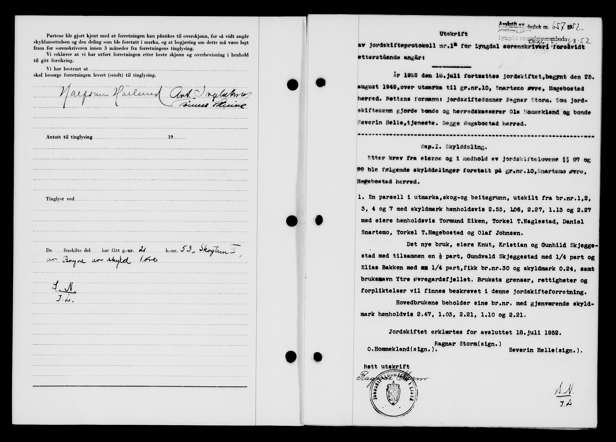 Lyngdal sorenskriveri, AV/SAK-1221-0004/G/Gb/L0667: Mortgage book no. A XIII, 1951-1952, Diary no: : 657/1952