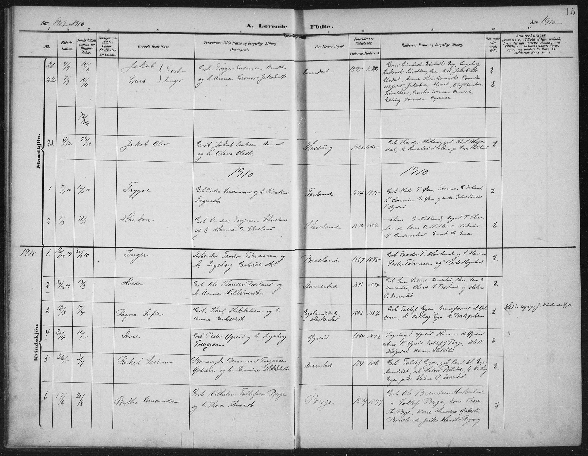 Helleland sokneprestkontor, SAST/A-101810: Parish register (official) no. A 12, 1906-1923, p. 15