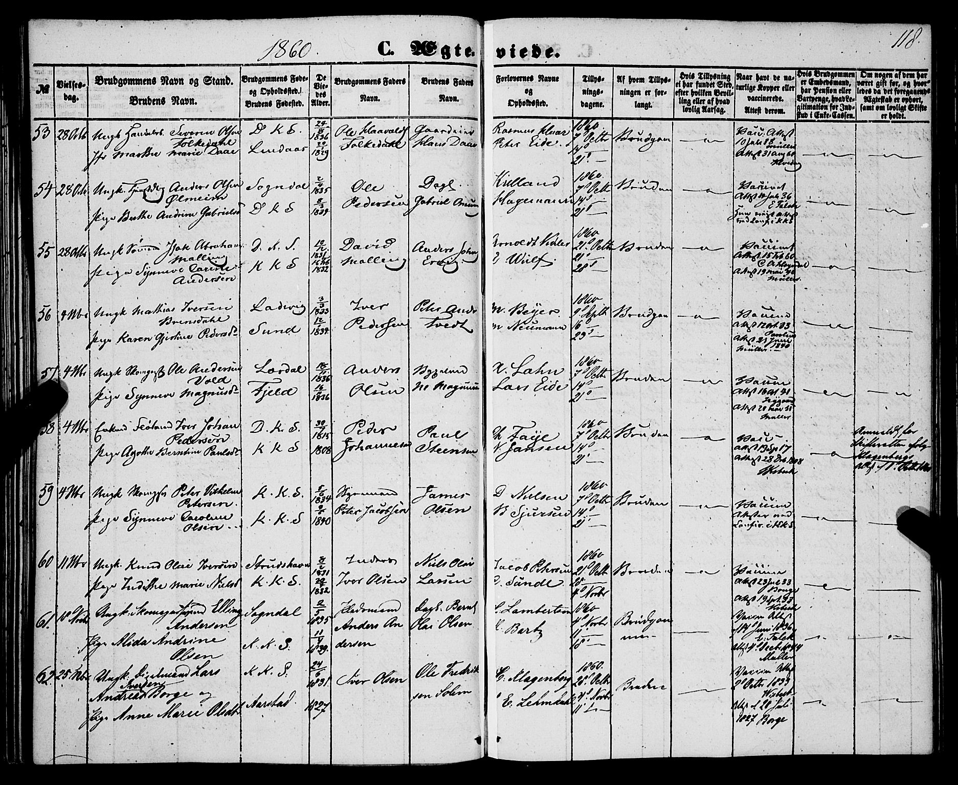 Korskirken sokneprestembete, AV/SAB-A-76101/H/Haa/L0035: Parish register (official) no. D 2, 1852-1867, p. 118