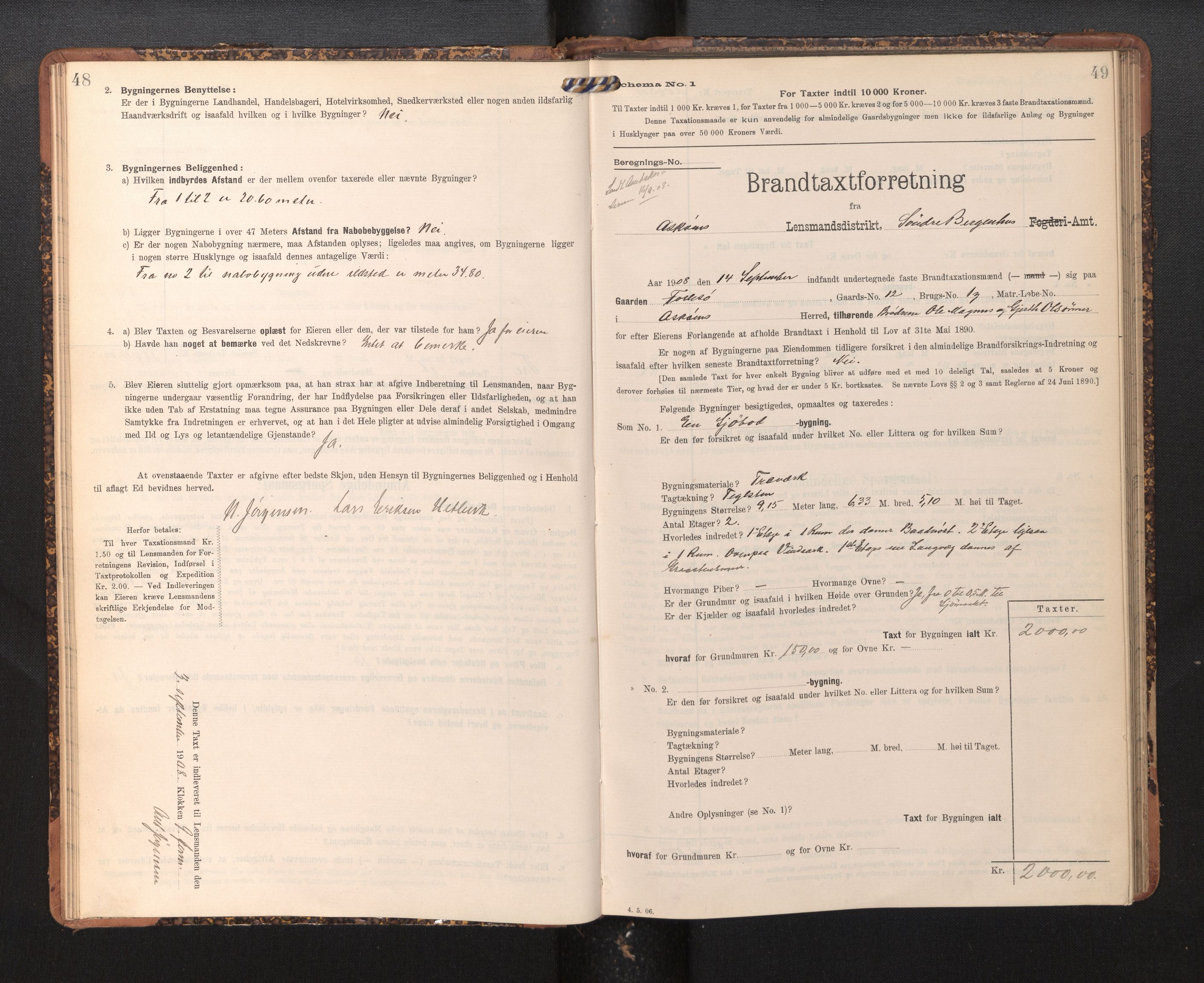 Lensmannen i Askøy, AV/SAB-A-31001/0012/L0005: Branntakstprotokoll, skjematakst, 1907-1915, p. 48-49