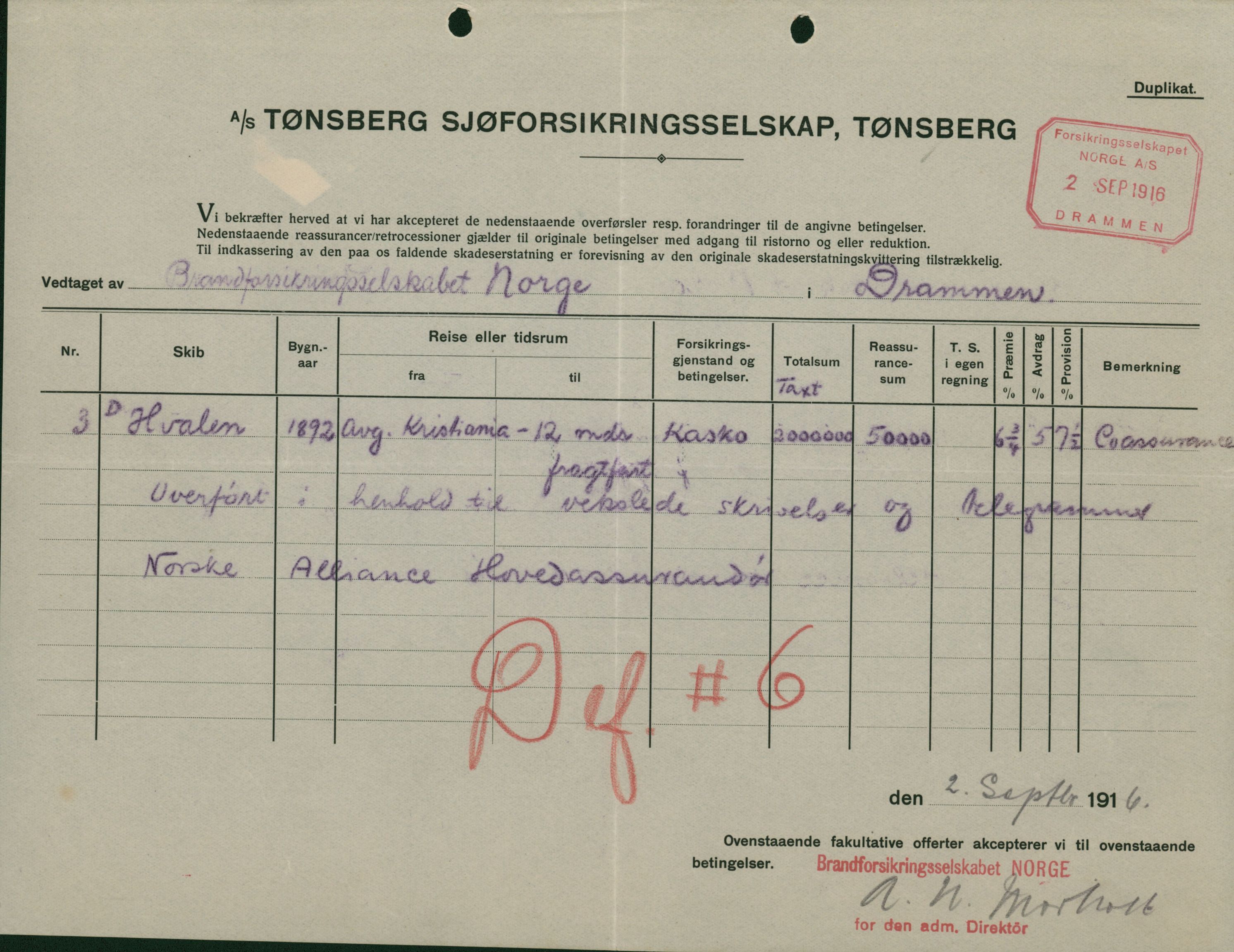 Pa 664 - Tønsberg Sjøforsikringsselskap, VEMU/A-1773/F/L0001: Forsikringspoliser, 1915-1918