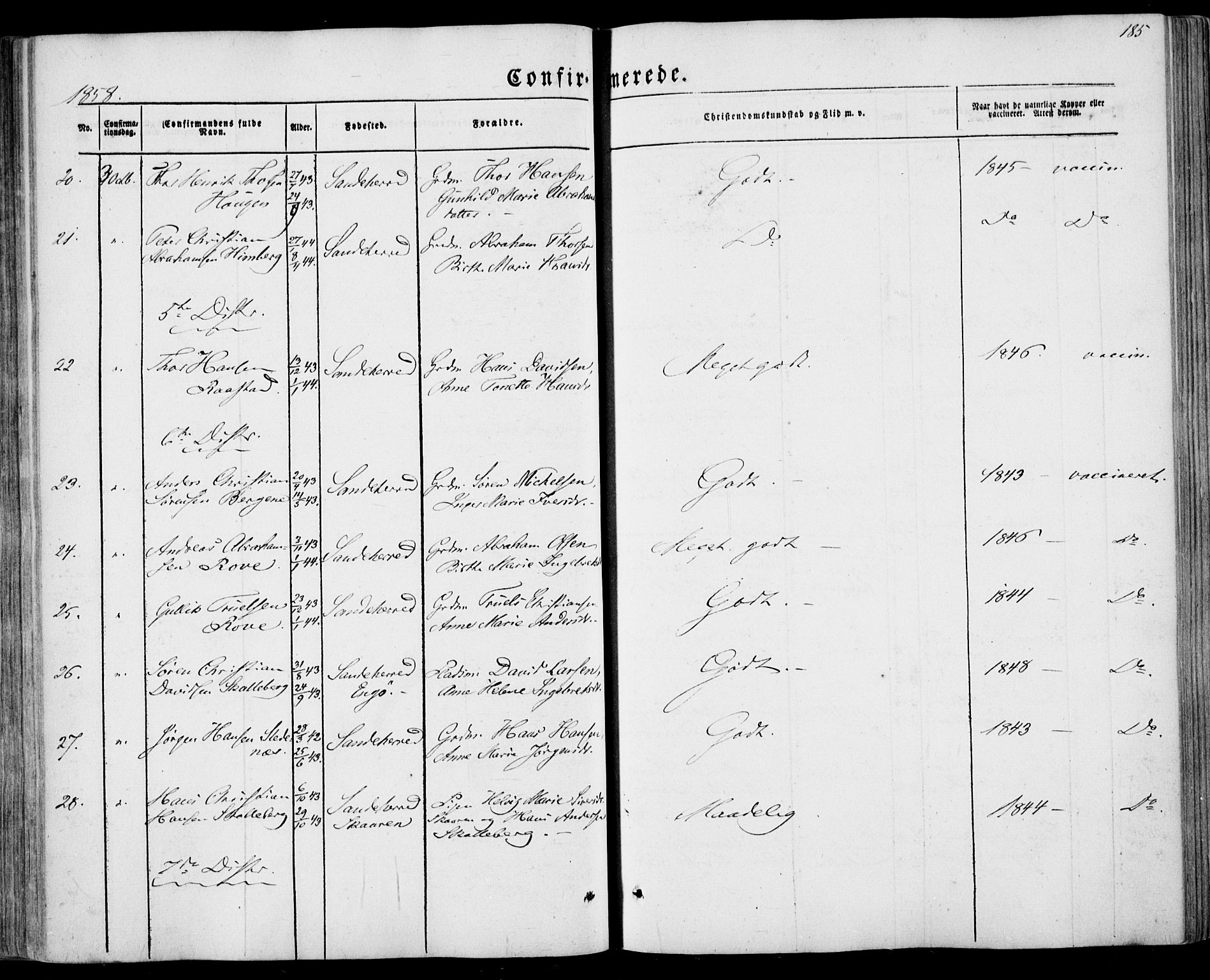 Sandar kirkebøker, SAKO/A-243/F/Fa/L0007: Parish register (official) no. 7, 1855-1861, p. 185