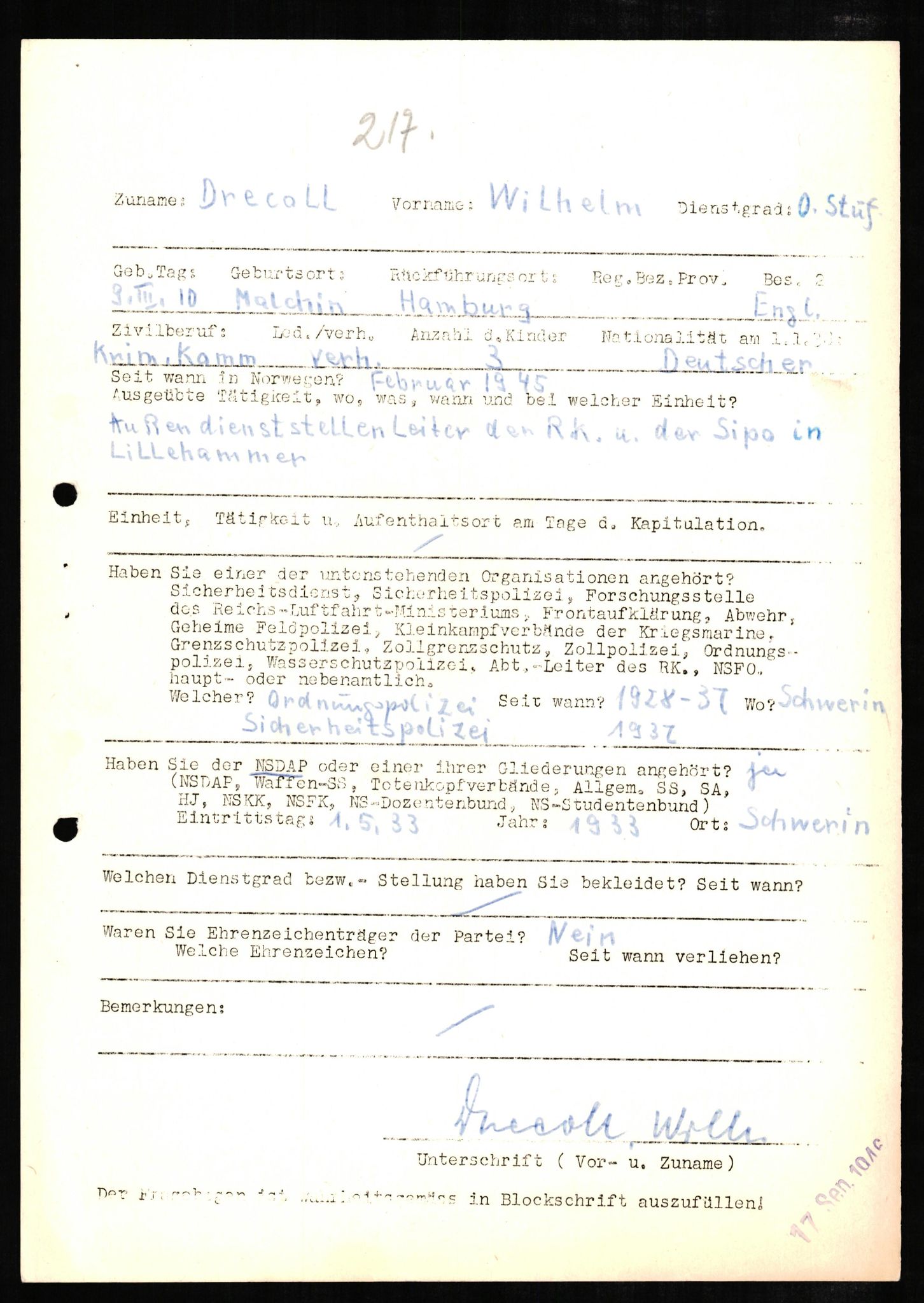 Forsvaret, Forsvarets overkommando II, AV/RA-RAFA-3915/D/Db/L0006: CI Questionaires. Tyske okkupasjonsstyrker i Norge. Tyskere., 1945-1946, p. 193