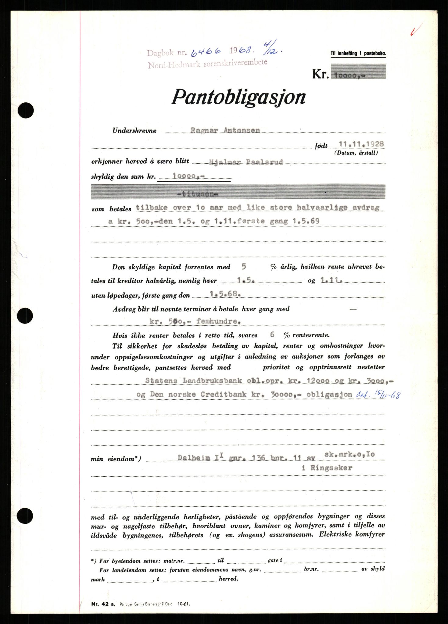 Nord-Hedmark sorenskriveri, SAH/TING-012/H/Hb/Hbf/L0077: Mortgage book no. B77, 1968-1969, Diary no: : 6466/1968