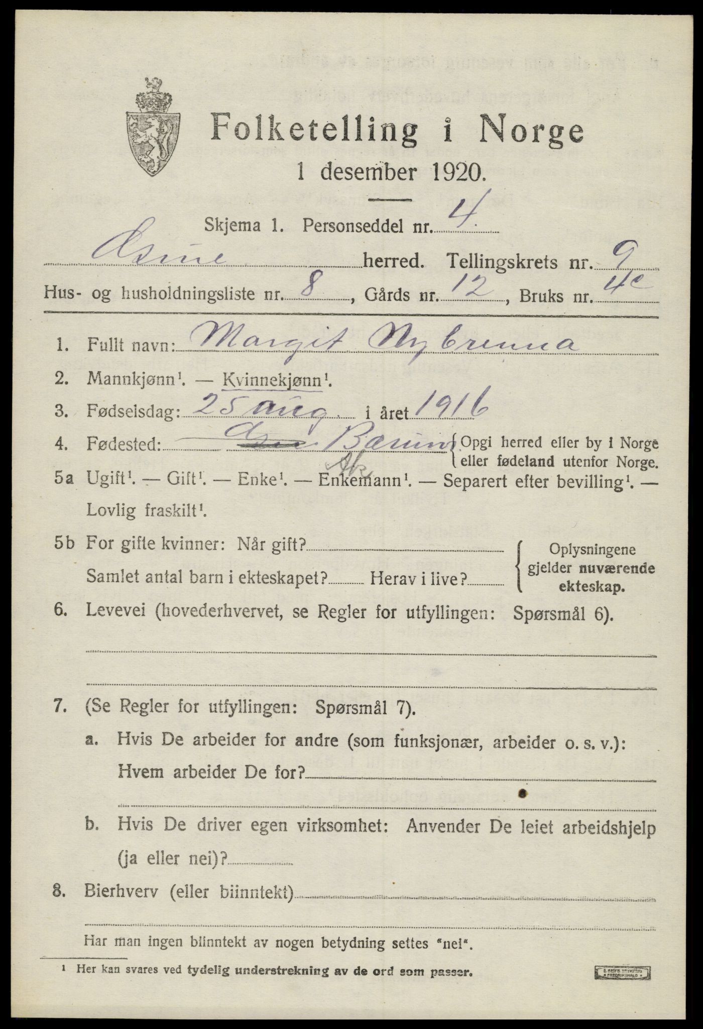 SAH, 1920 census for Grue, 1920, p. 8125