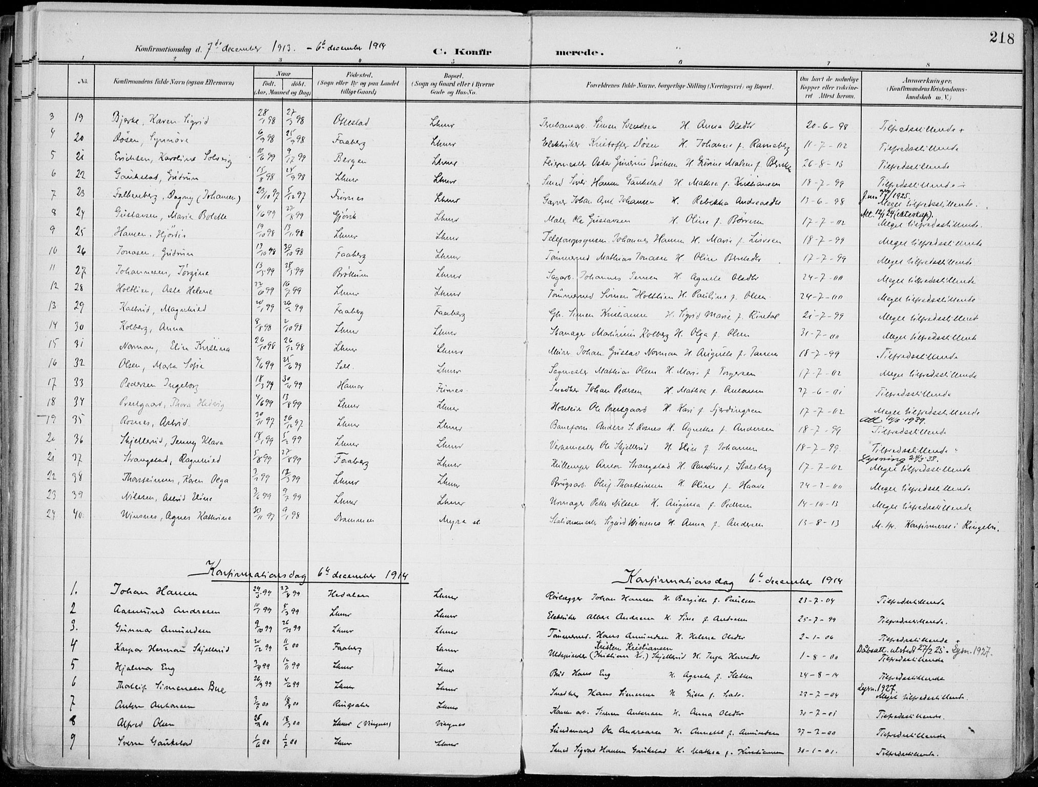 Lillehammer prestekontor, SAH/PREST-088/H/Ha/Haa/L0001: Parish register (official) no. 1, 1901-1916, p. 218