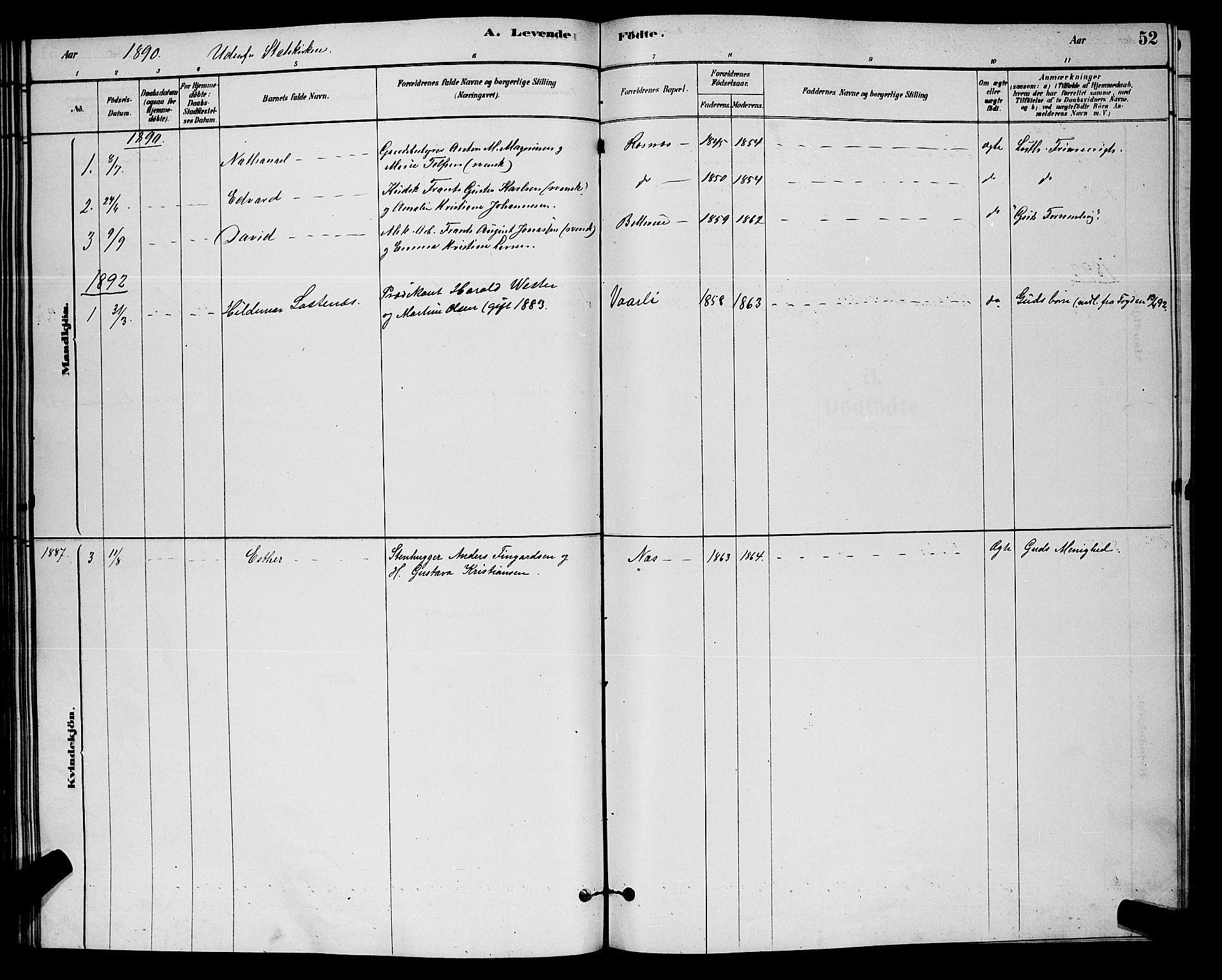 Moss prestekontor Kirkebøker, AV/SAO-A-2003/G/Gb/L0001: Parish register (copy) no. II 1, 1878-1900, p. 52