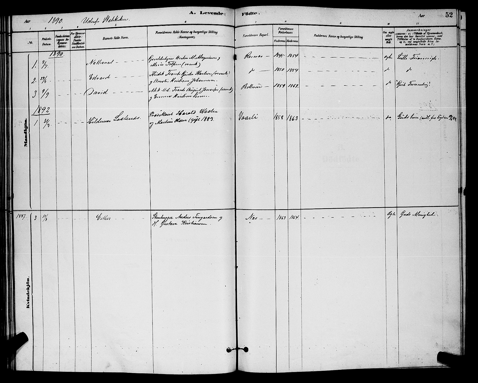 Moss prestekontor Kirkebøker, SAO/A-2003/G/Gb/L0001: Parish register (copy) no. II 1, 1878-1900, p. 52