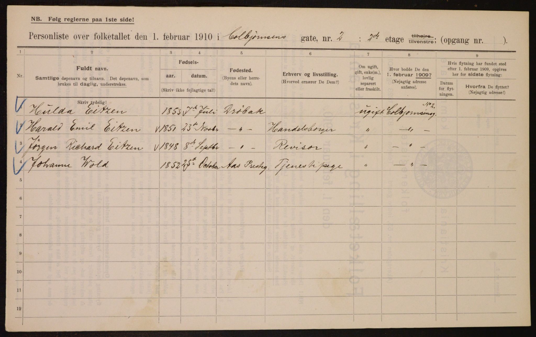 OBA, Municipal Census 1910 for Kristiania, 1910, p. 12361