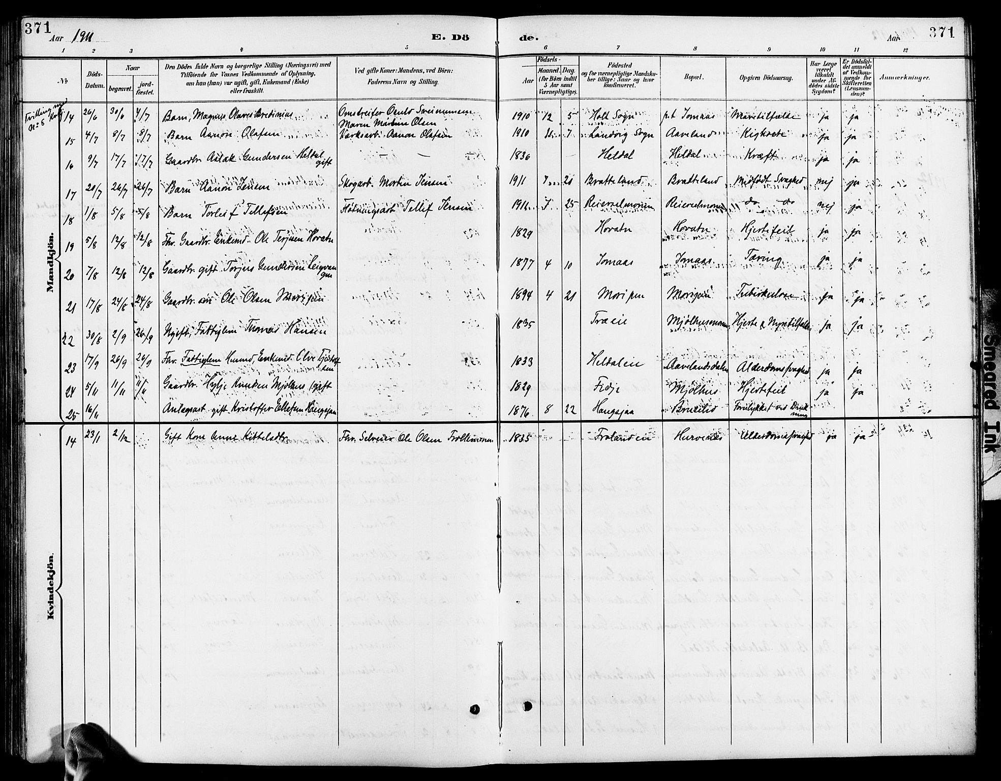 Froland sokneprestkontor, AV/SAK-1111-0013/F/Fb/L0010: Parish register (copy) no. B 10, 1893-1920, p. 371